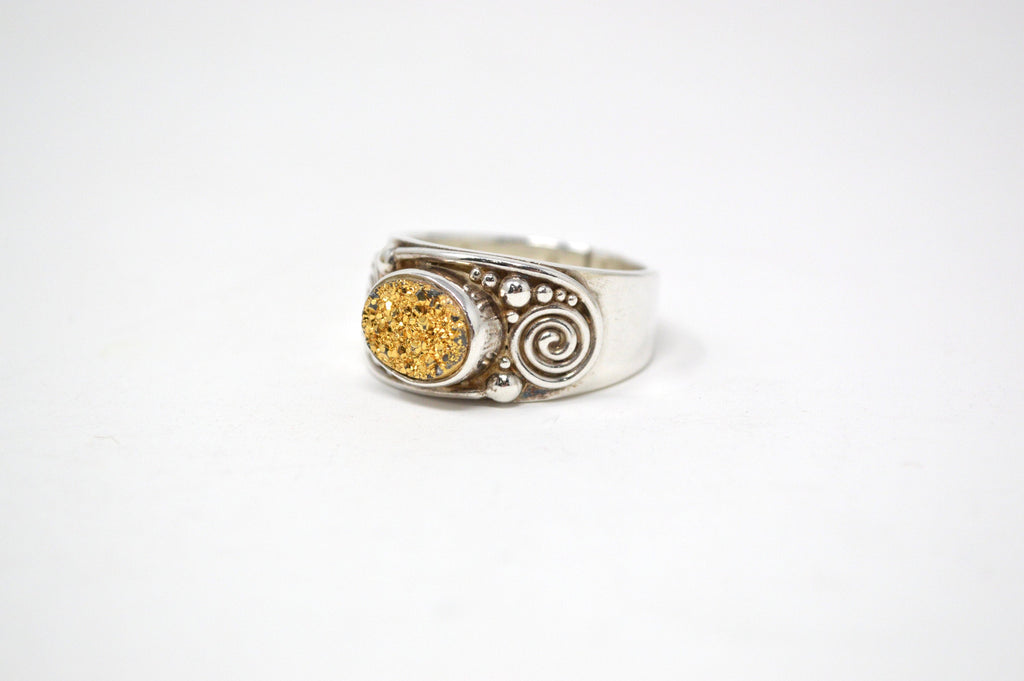 Vintage Designer Sajen Gold Druzy Sterling Silver Adjustable Ring - Size 10 | Jewelry > Rings | Wiccan Center