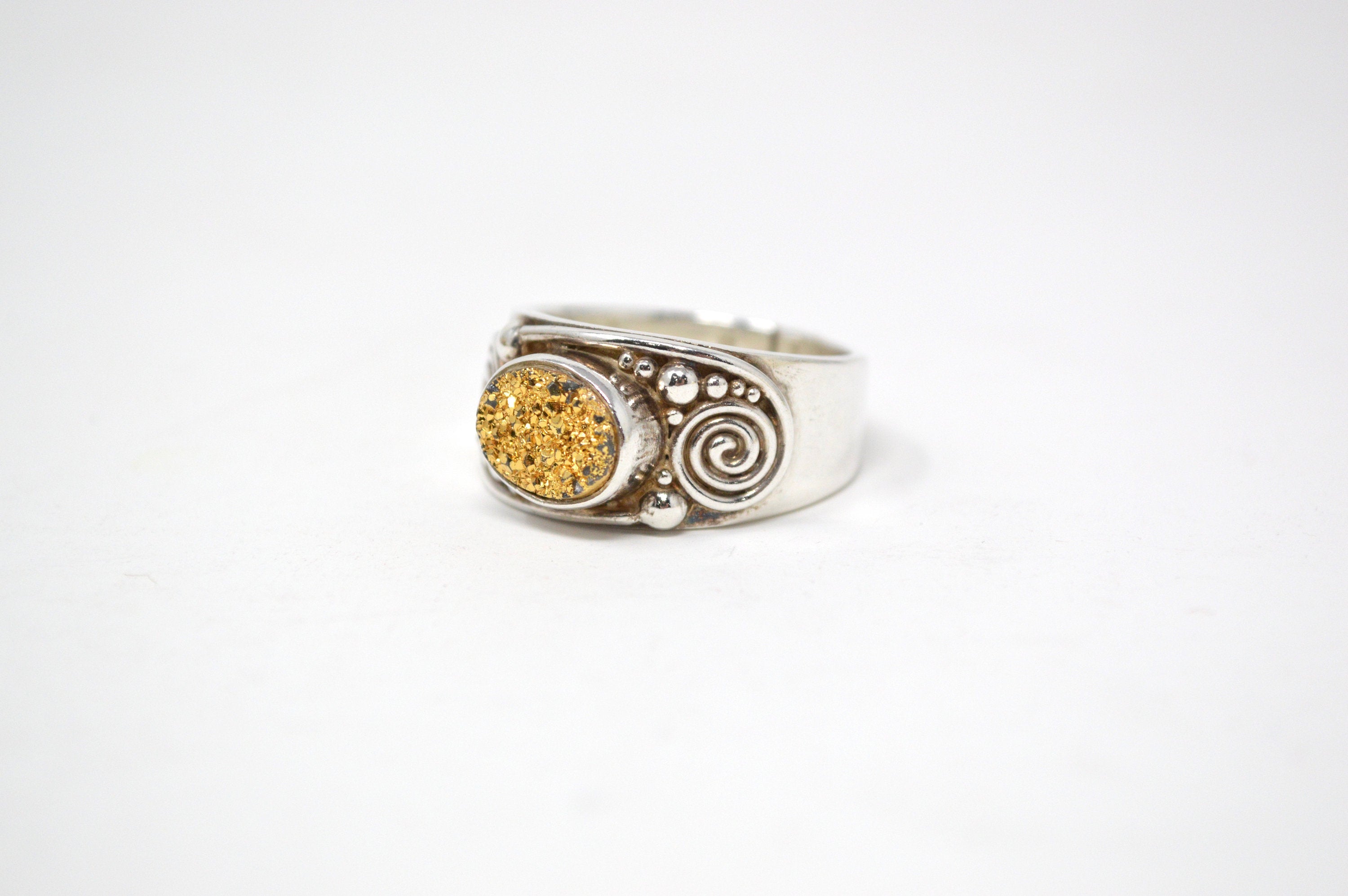 Vintage Designer Sajen Gold Druzy Sterling Silver Adjustable Ring - Size 10 | Jewelry > Rings | Wiccan Center