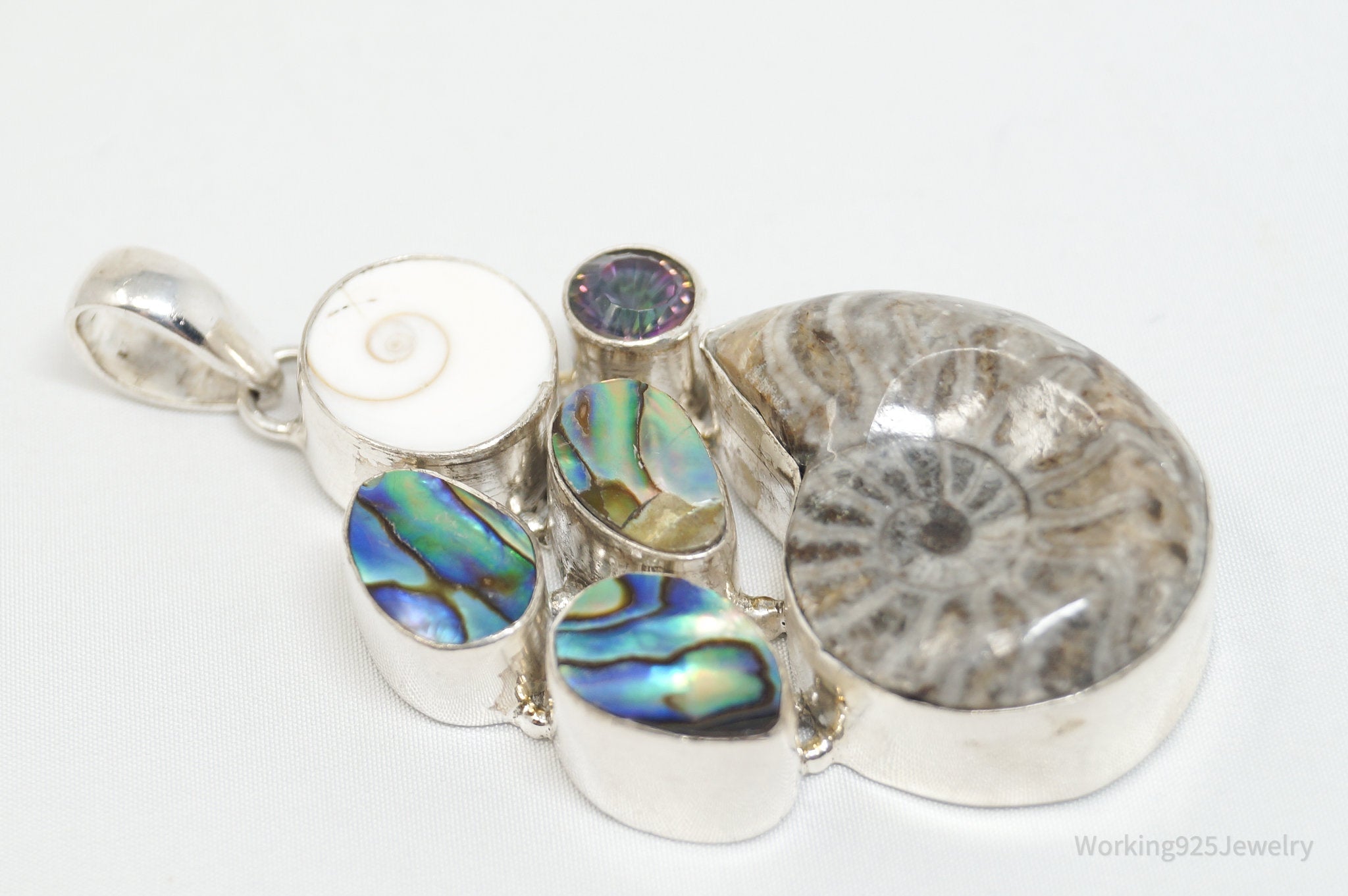Vintage Large Fossil Shell Mystic Topaz Sterling Silver Abalone Necklace Pendant | Jewelry > Necklaces > Pendants | Wiccan Center