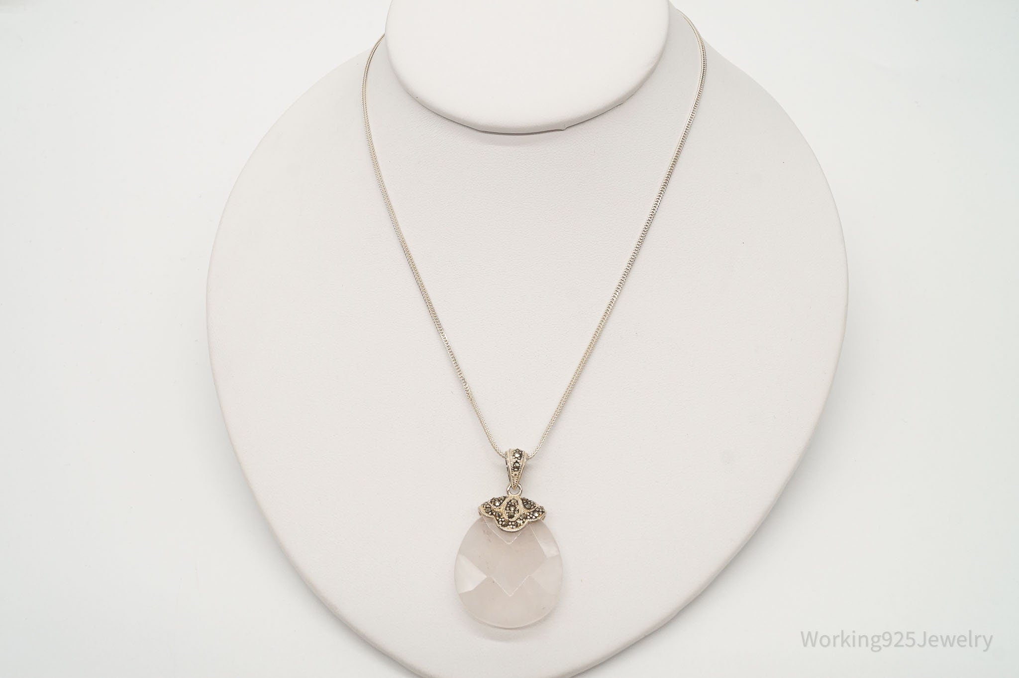 Vintage Large Rose Quartz Marcasite Sterling Silver Necklace | Jewelry > Necklaces > Pendants | Wiccan Center