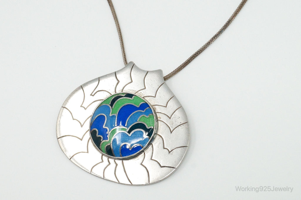 RARE Vintage 1970s Modernist Caren Sterling Silver Enamel Necklace | Jewelry > Necklaces > Pendants | Wiccan Center