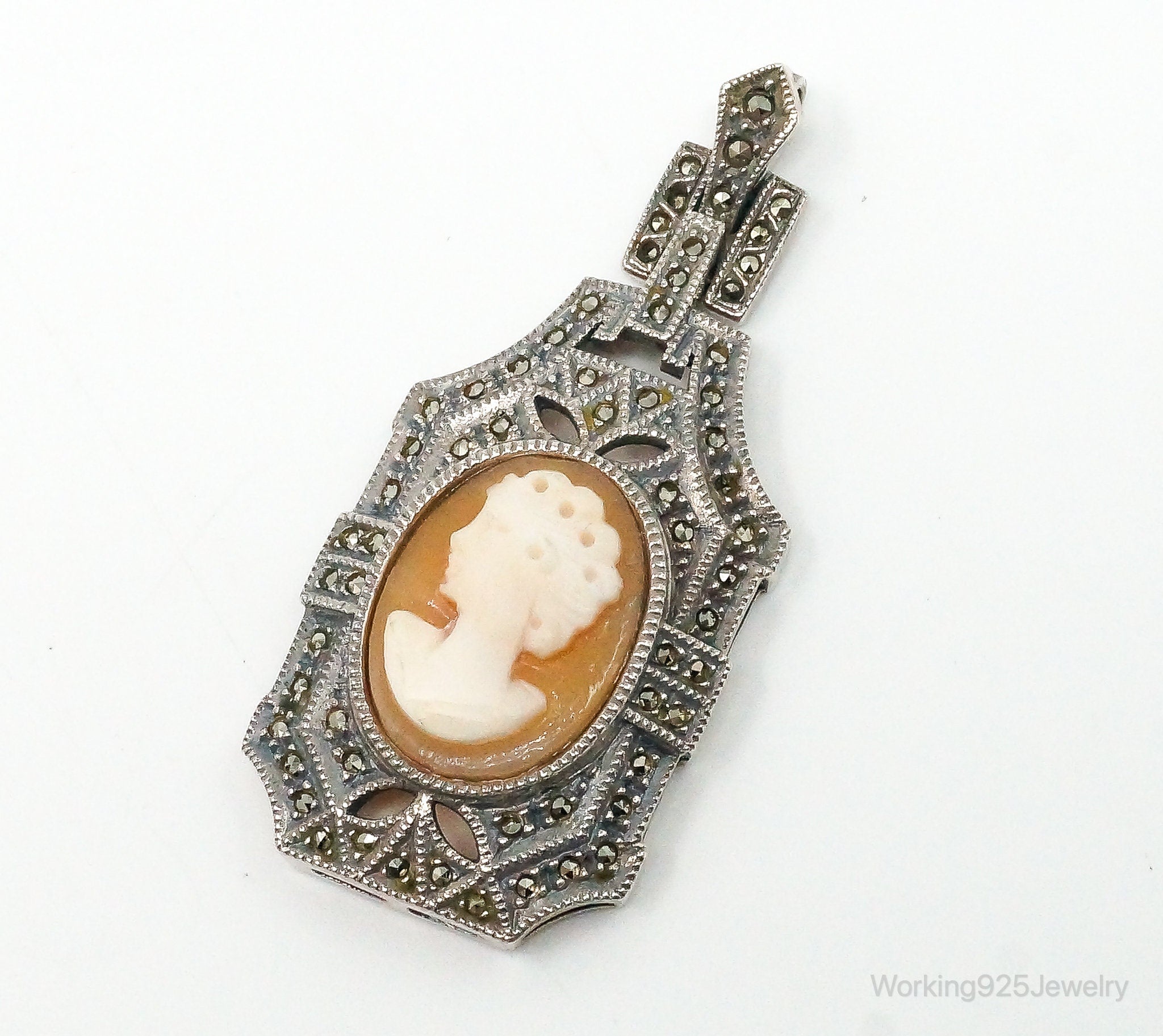 Vintage Judith Jack Carved Shell Lady Cameo Marcasite Sterling Silver Pendant | Jewelry > Necklaces > Pendants | Wiccan Center