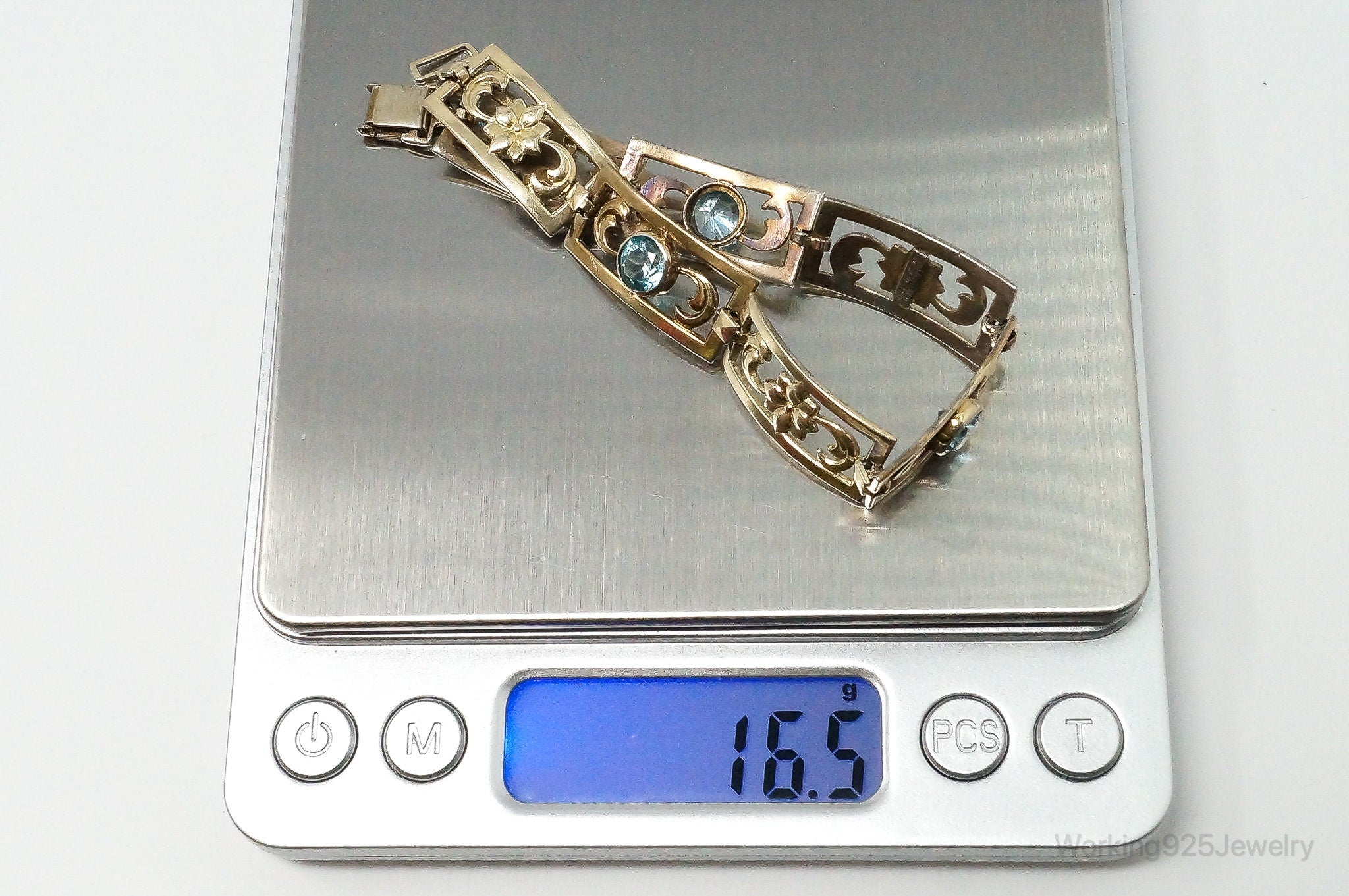 Vintage Designer Symmetalic 14K Gold Blue Topaz Art Deco SterlingSilver Bracelet | Jewelry > Bracelets | Wiccan Center