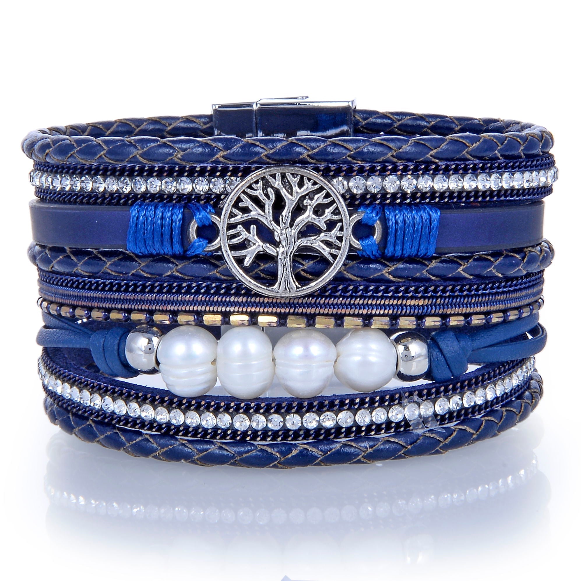 Navy Tree of Life Multi Wrap Bracelet - Sacred Geometry with Magnetic Clasp | Gemstone Jewelry > Bracelets | Wiccan Center