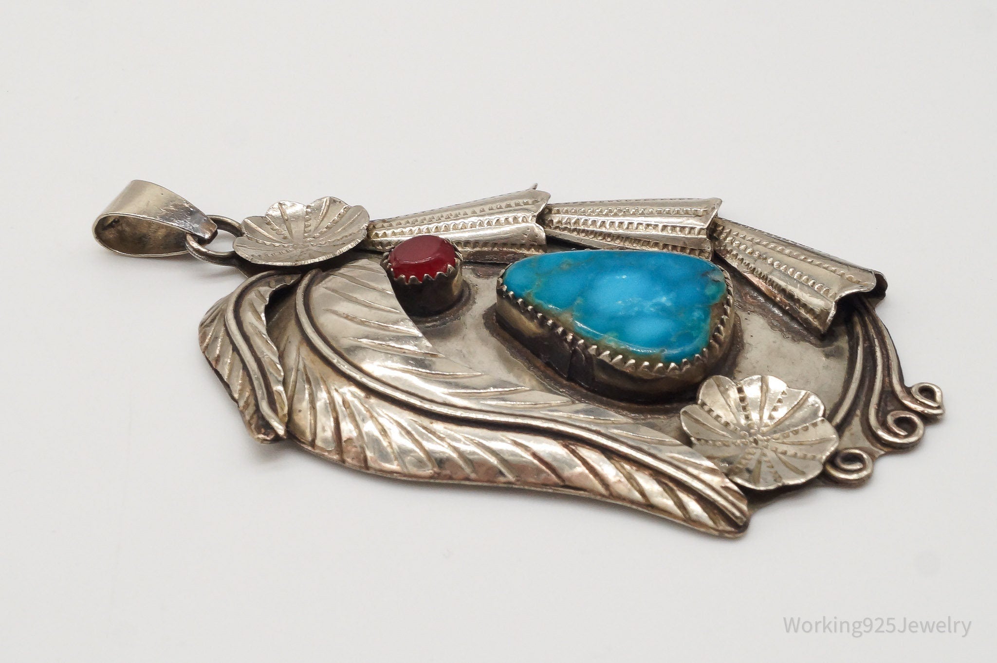Large Vintage Native American Turquoise Carnelian Sterling Silver Pendant | Jewelry > Necklaces > Pendants | Wiccan Center