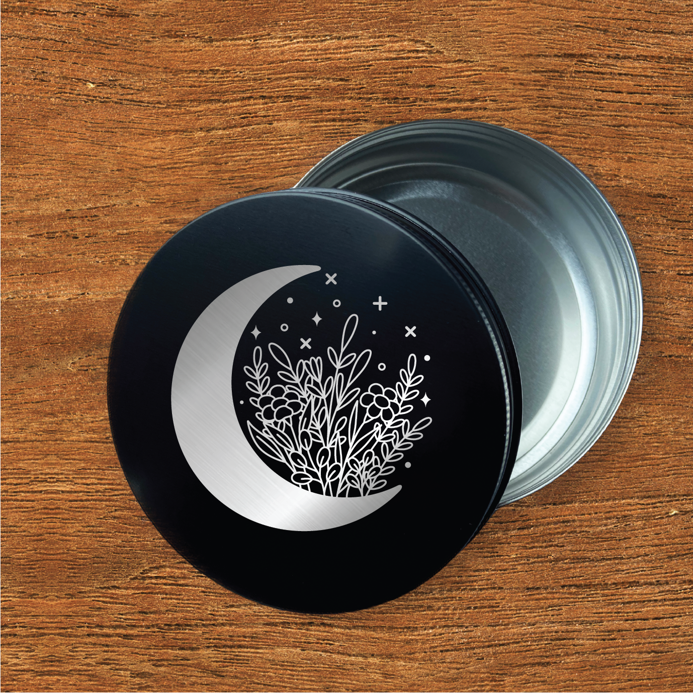 Moon flower engraved 4oz metal herb stash/storage container | Apothecary Herbs | Wiccan Center