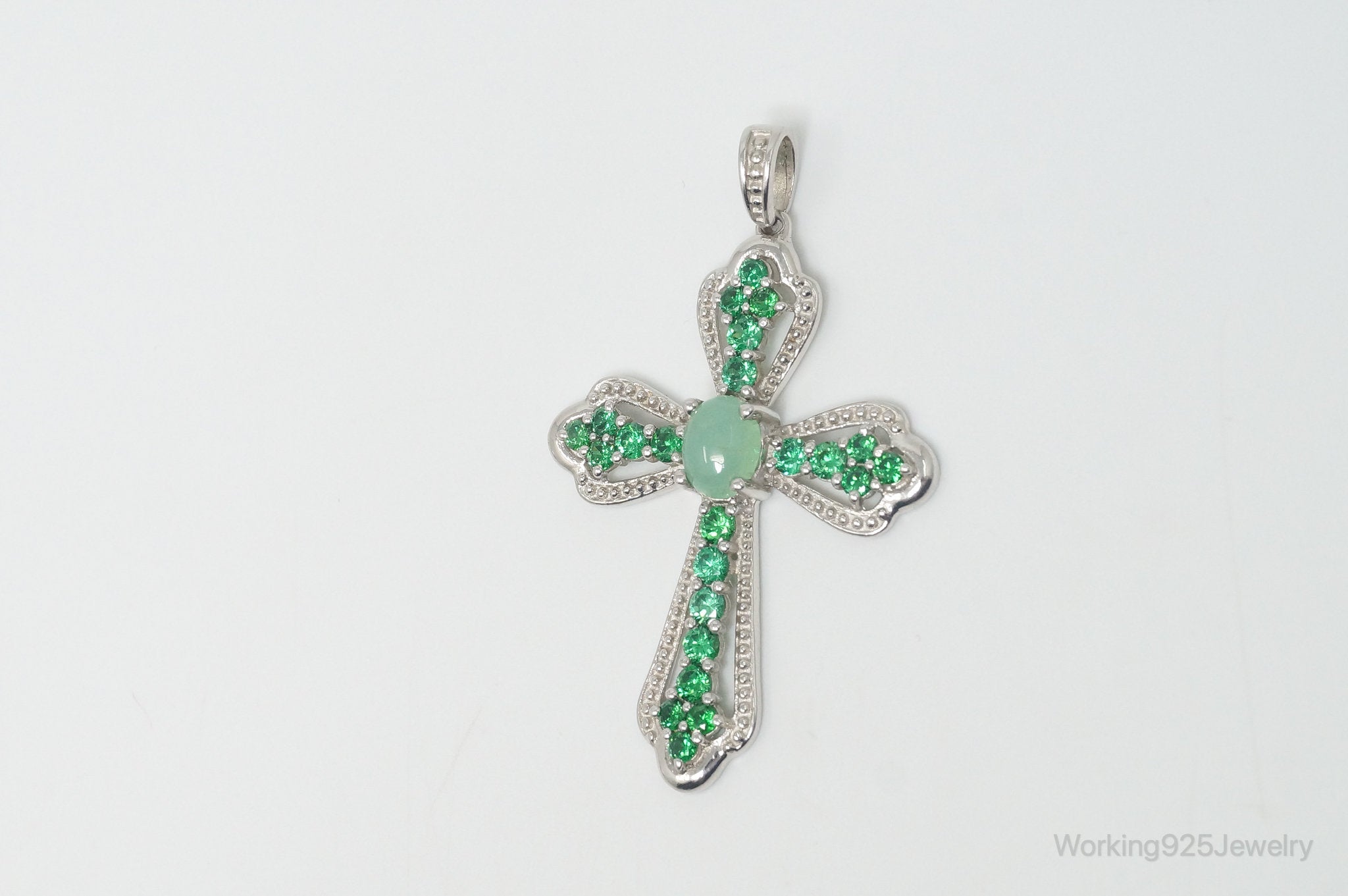 Vintage Green Chalcedony Green Cubic Zirconia Cross Sterling Silver Pendant | Jewelry > Necklaces > Pendants | Wiccan Center
