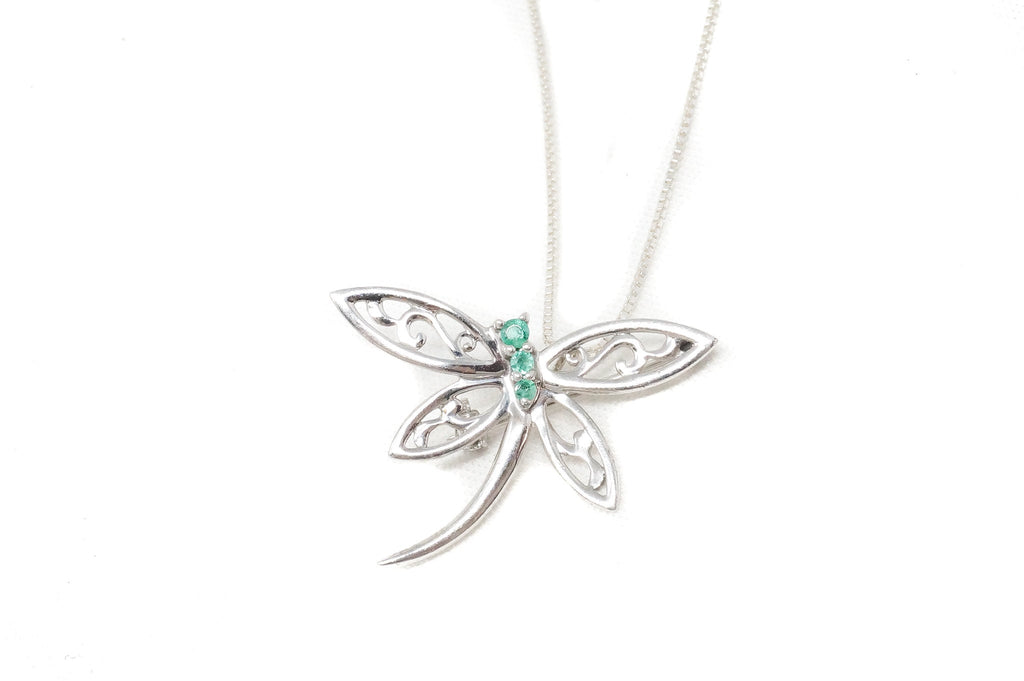 Vintage Emerald Dragonfly Sterling Silver Necklace Pendant | Jewelry > Necklaces > Pendants | Wiccan Center