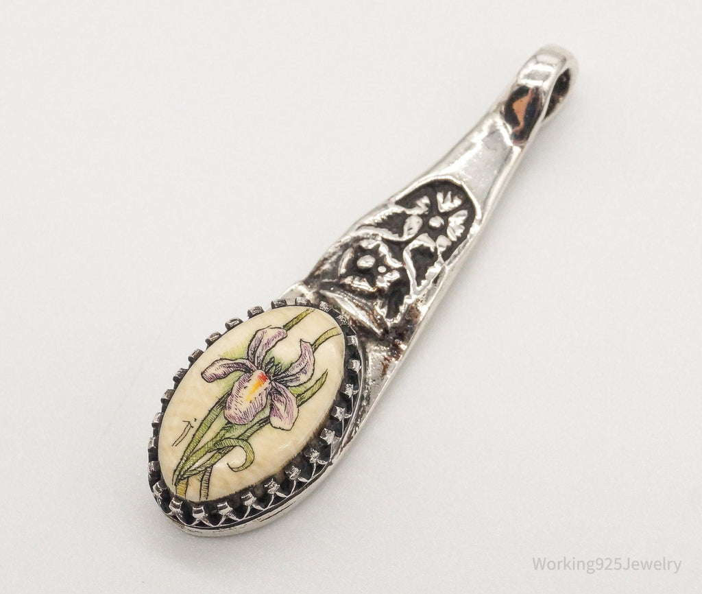 Antique Hand Painted Flower Faux Bone Sterling Silver Pendant | Jewelry > Necklaces > Pendants | Wiccan Center