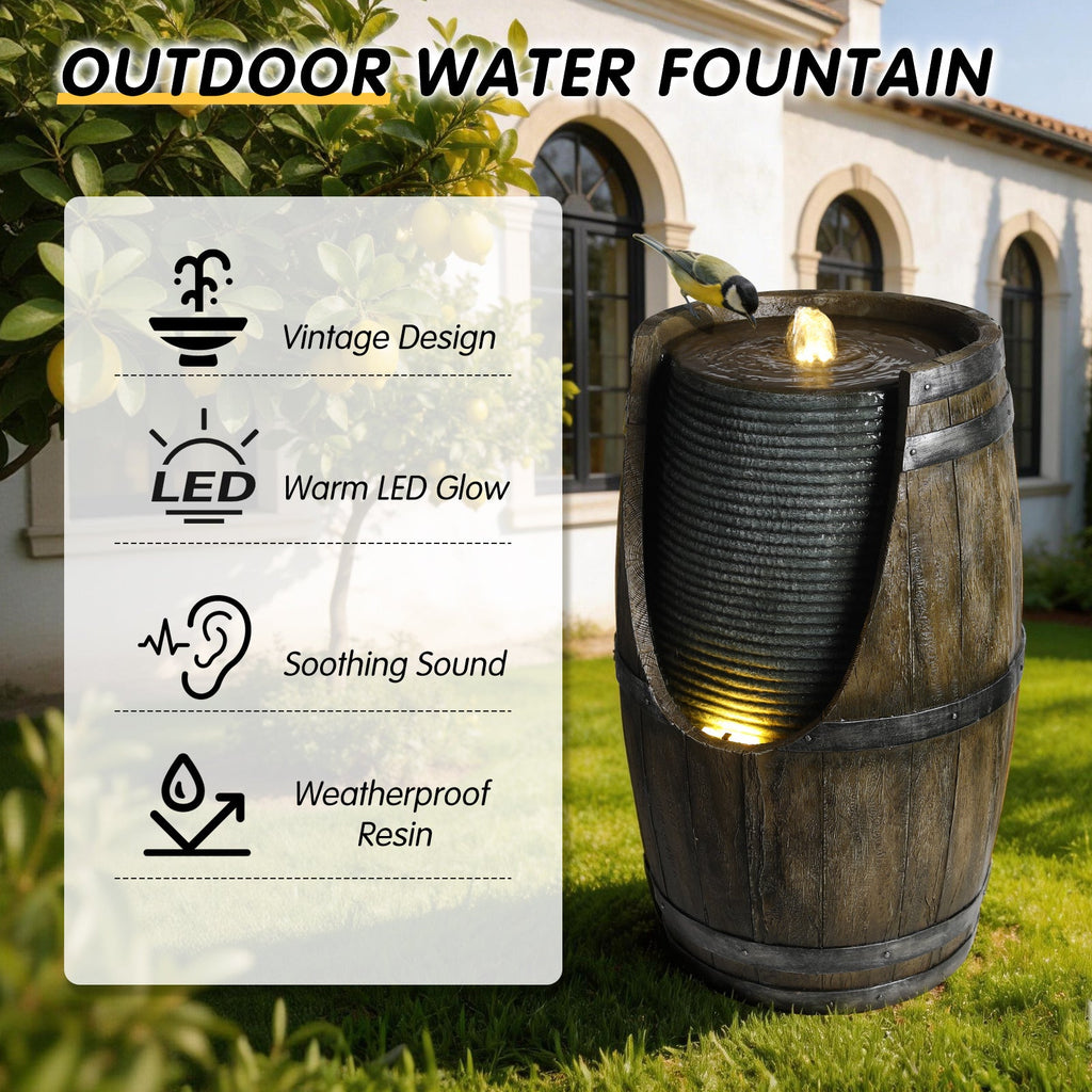 Resin Rustic Barrel Outdoor Water Fountain 24 Inch LED | Outdoor Fountain | Wiccan Center