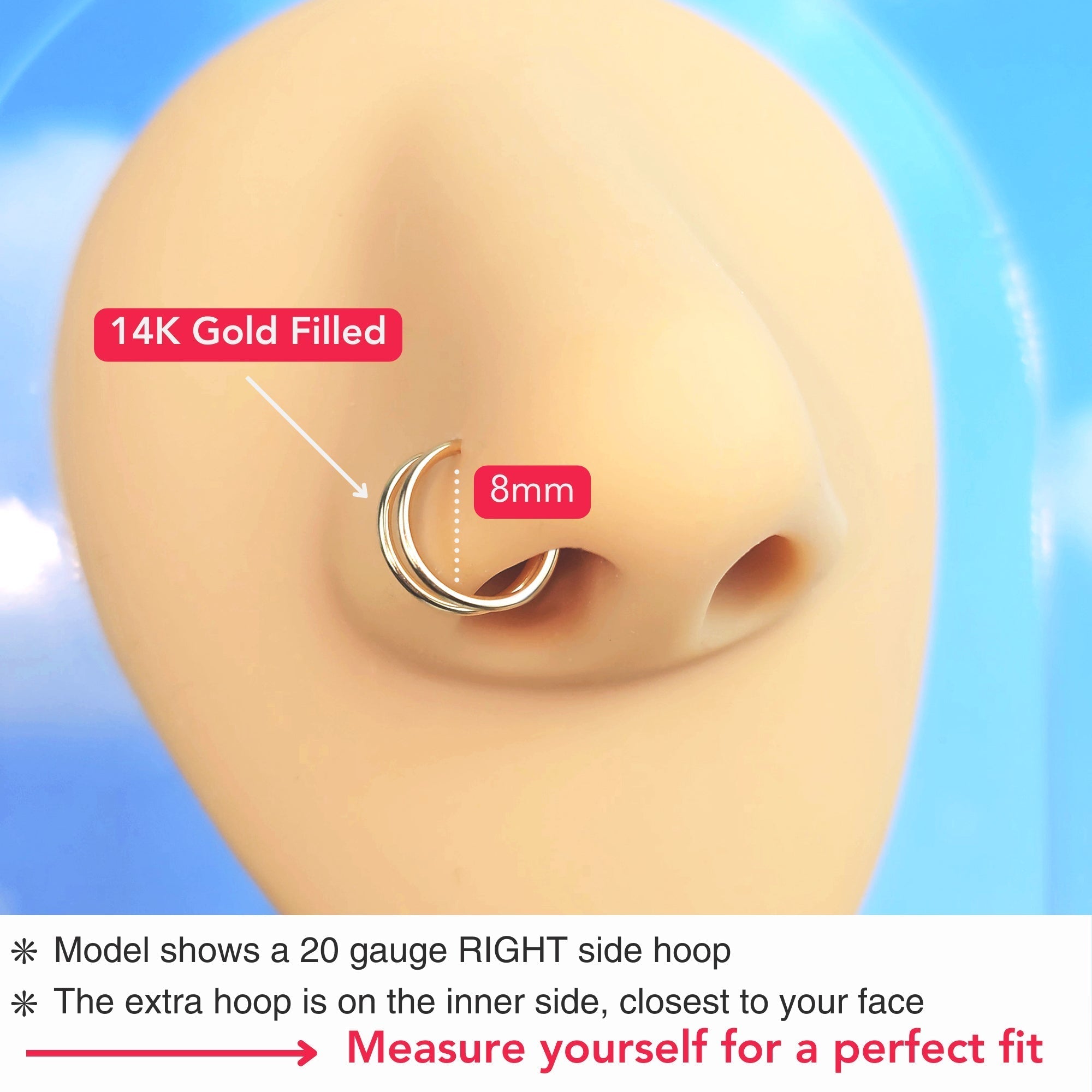 3Pack Double Hoop Nose 14k Gold Filled and 925 Silver Spiral Nose Rings 20G 8mm Left | NOSE HOOP | Wiccan Center
