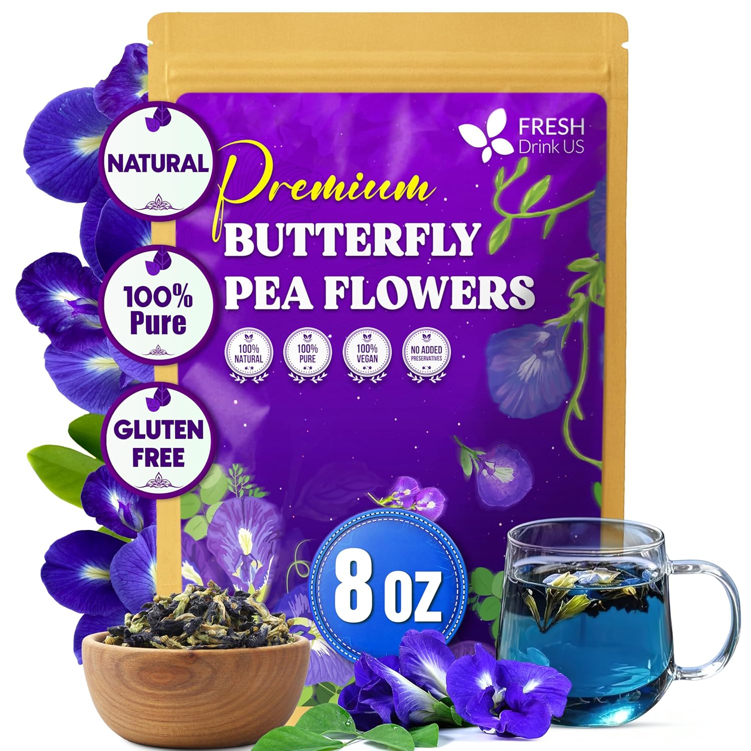 Premium Butterfly Pea Flowers, Tea Bags, 100% Natural and Pure from Butterfly Pea Flowers, Hand-made, Made With Natural Materials-Corn Fiber Tea Bag, Sugar/Caffeine/Gluten Free | Tea | Wiccan Center