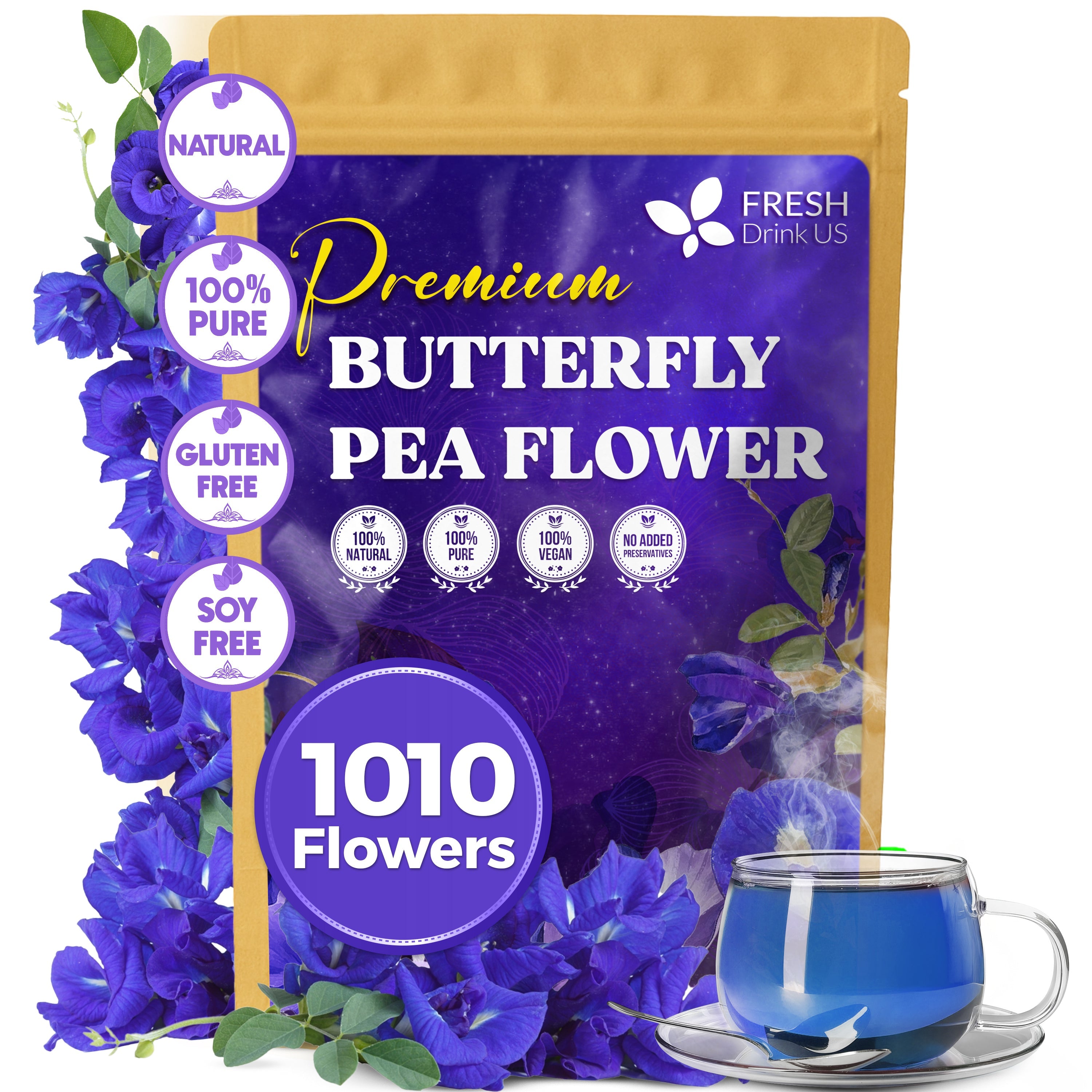 Premium Butterfly Pea Flowers, Tea Bags, 100% Natural and Pure from Butterfly Pea Flowers, Hand-made, Made With Natural Materials-Corn Fiber Tea Bag, Sugar/Caffeine/Gluten Free | Tea | Wiccan Center