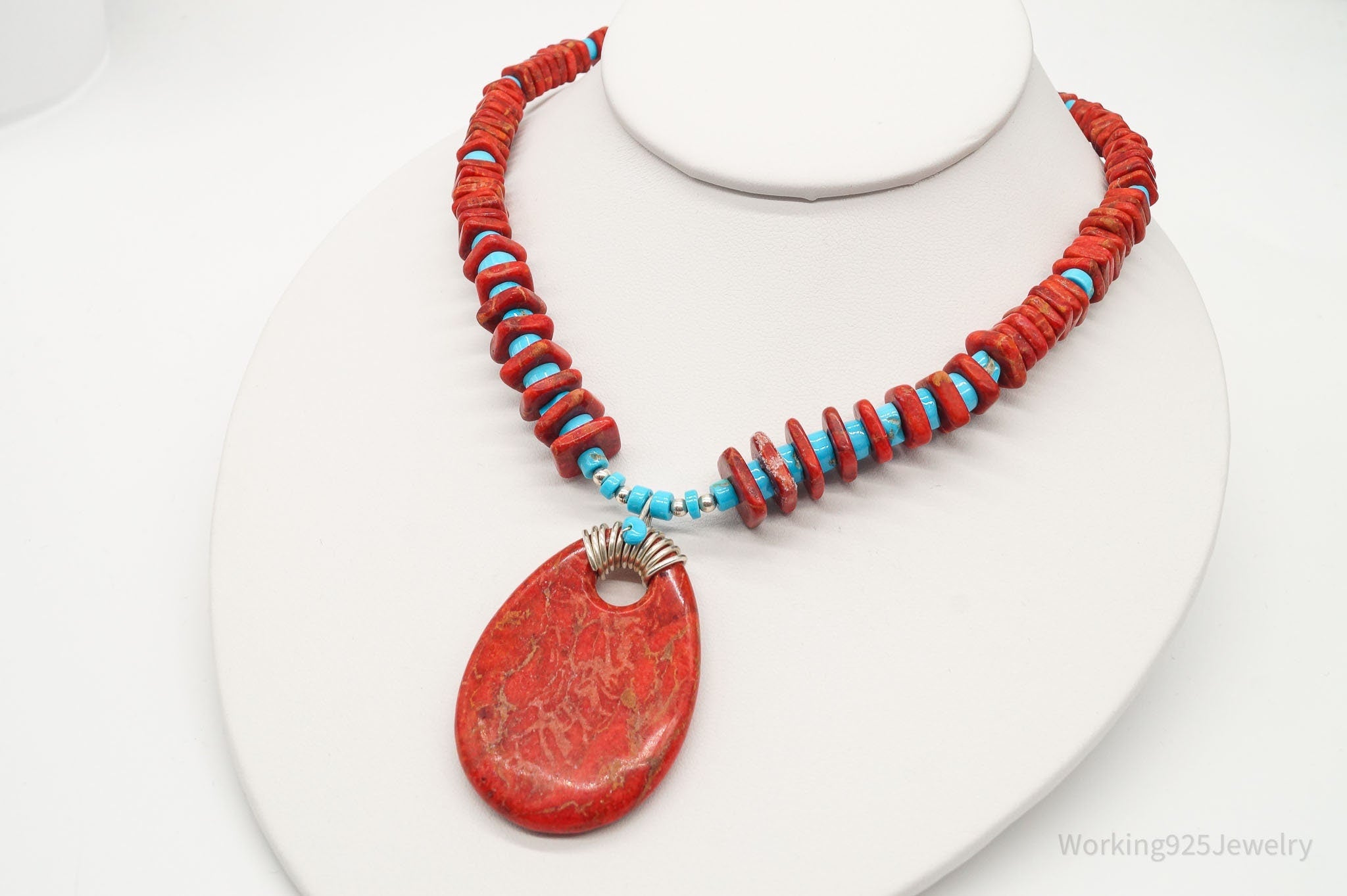 Vintage Native American Running Bear Coral Turquoise Bead SS Necklace | Jewelry > Necklaces | Wiccan Center