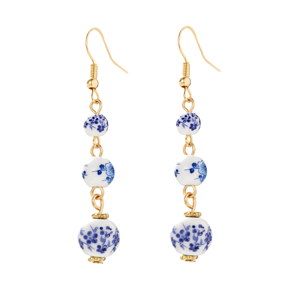 Blue And White Porcelain Ceramic Beads Long Earrings