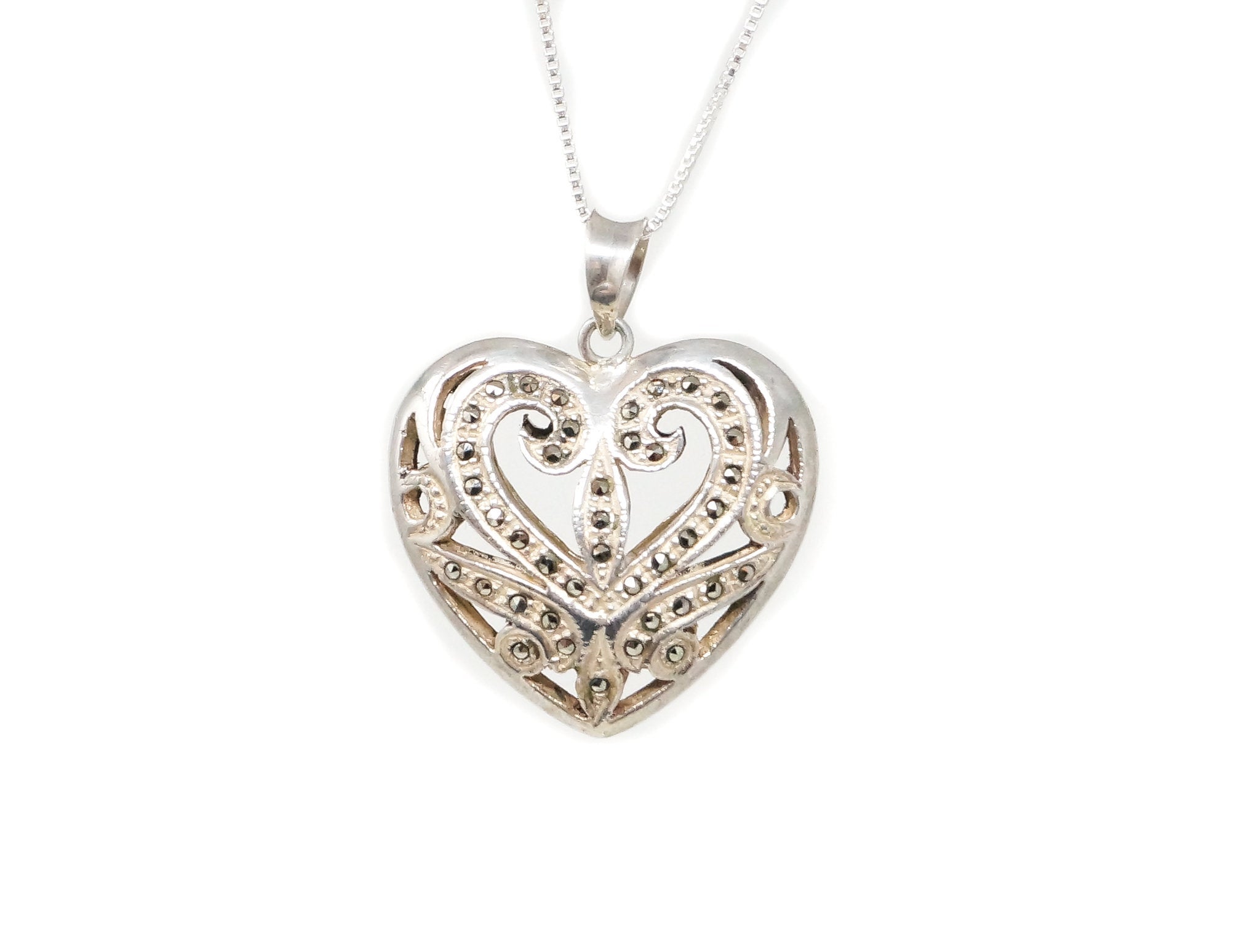 Vintage Marcasite Heart Cut Out Swirl Art Deco Sterling Silver Necklace Pendant | Jewelry > Necklaces > Pendants | Wiccan Center