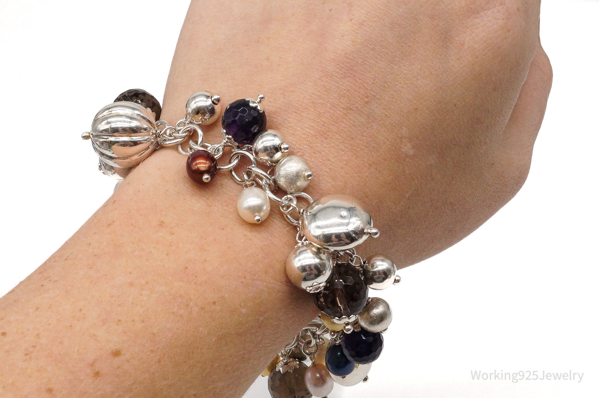 Vintage Italian Pearl Smoky Topaz Amethyst Sterling Silver Charm Bracelet | Jewelry > Bracelets | Wiccan Center