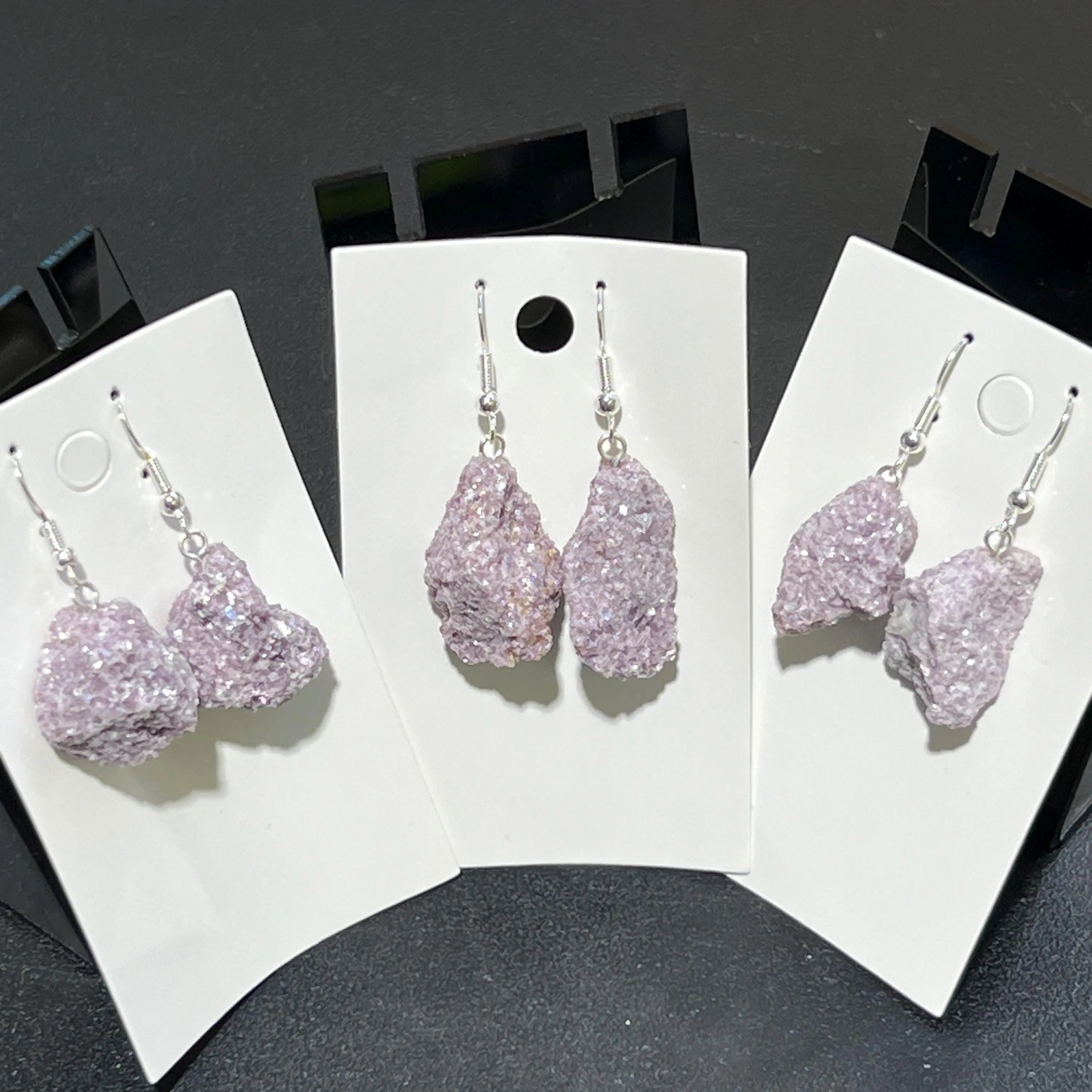 Lilac Lepidolite Raw Crystal Earrings Pair (Stainless Steel Silver Hooks) Rough Gemstone Jewelry | Jewelry > Earrings > Dangle & Drop Earrings | Wiccan Center