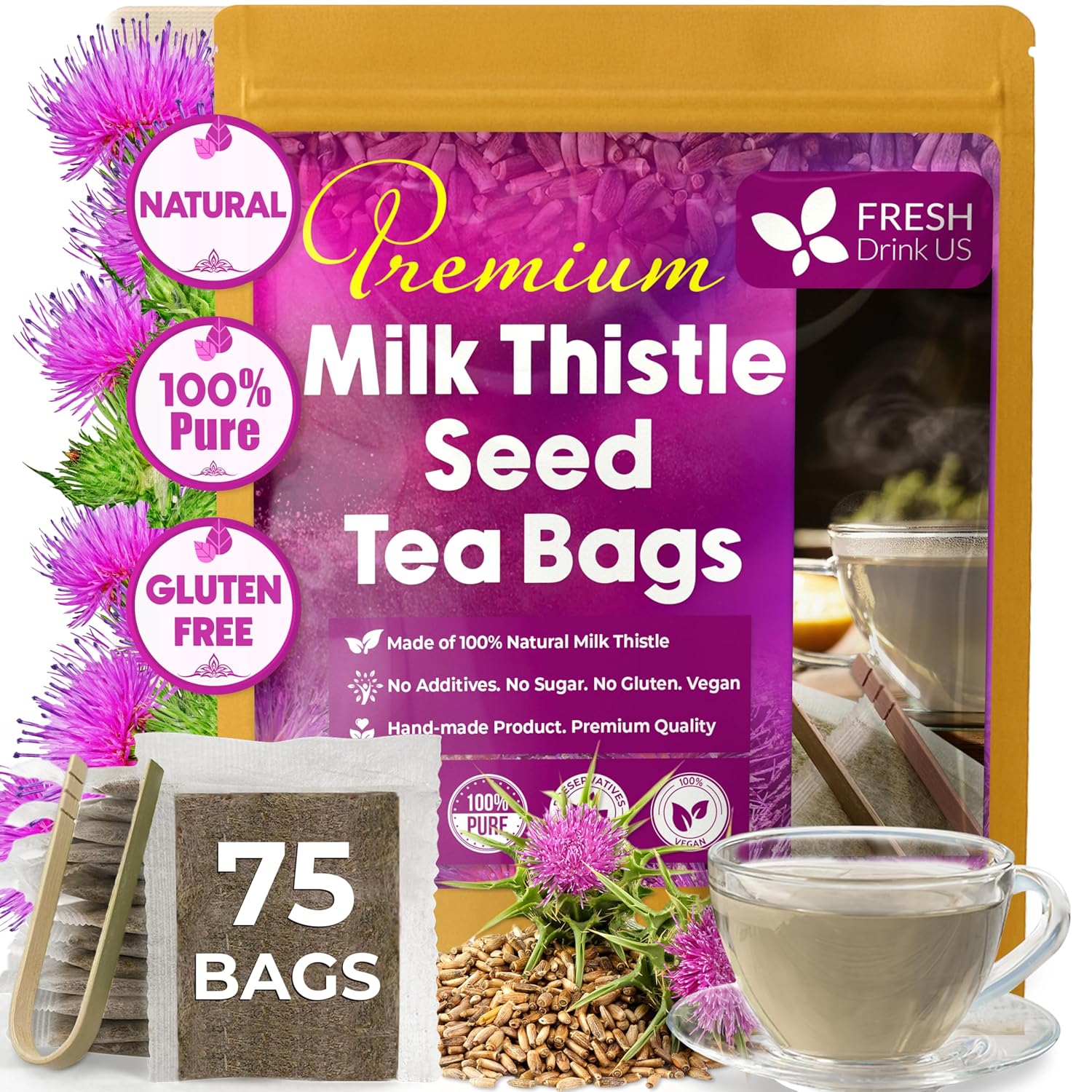 Premium Milk Thistle Tea Bags, 100% Natural & Pure from Milk Thistle Seeds. Milk Thistle Seed Herbal Tea. Milk Thistle Seed Tea. Made with Natural Material Tea Bags. No Sugar, No Caffeine, No Gluten, Vegan. | Tea | Wiccan Center