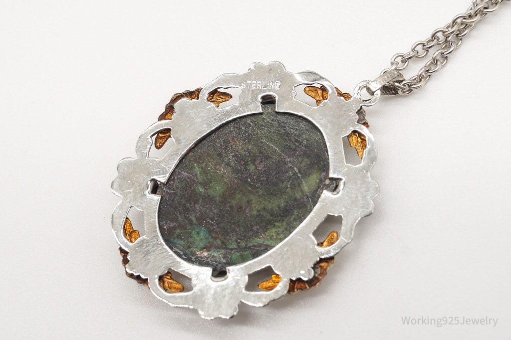 Vintage Green Stone 12K Gold Leaves Sterling Silver Necklace | Jewelry > Necklaces > Pendants | Wiccan Center