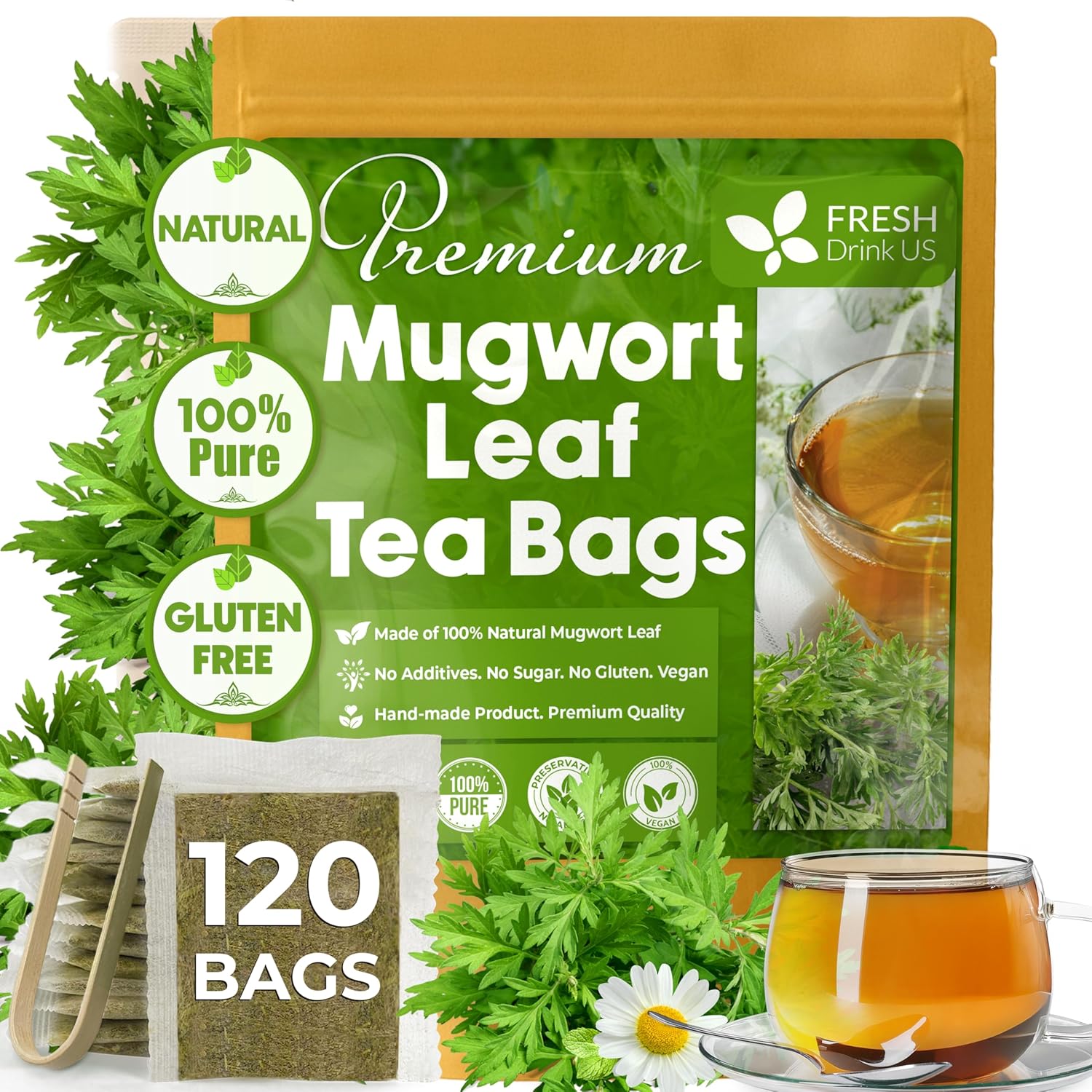 Mugwort Leaf Tea Bags, 100% Natural and Pure Mugwort Leaves, Loose Leaf Mugwort Herbal Tea, Mugwort Leaf Tea, No Sugar, No Caffeine, No Gluten, Vegan. | Tea | Wiccan Center