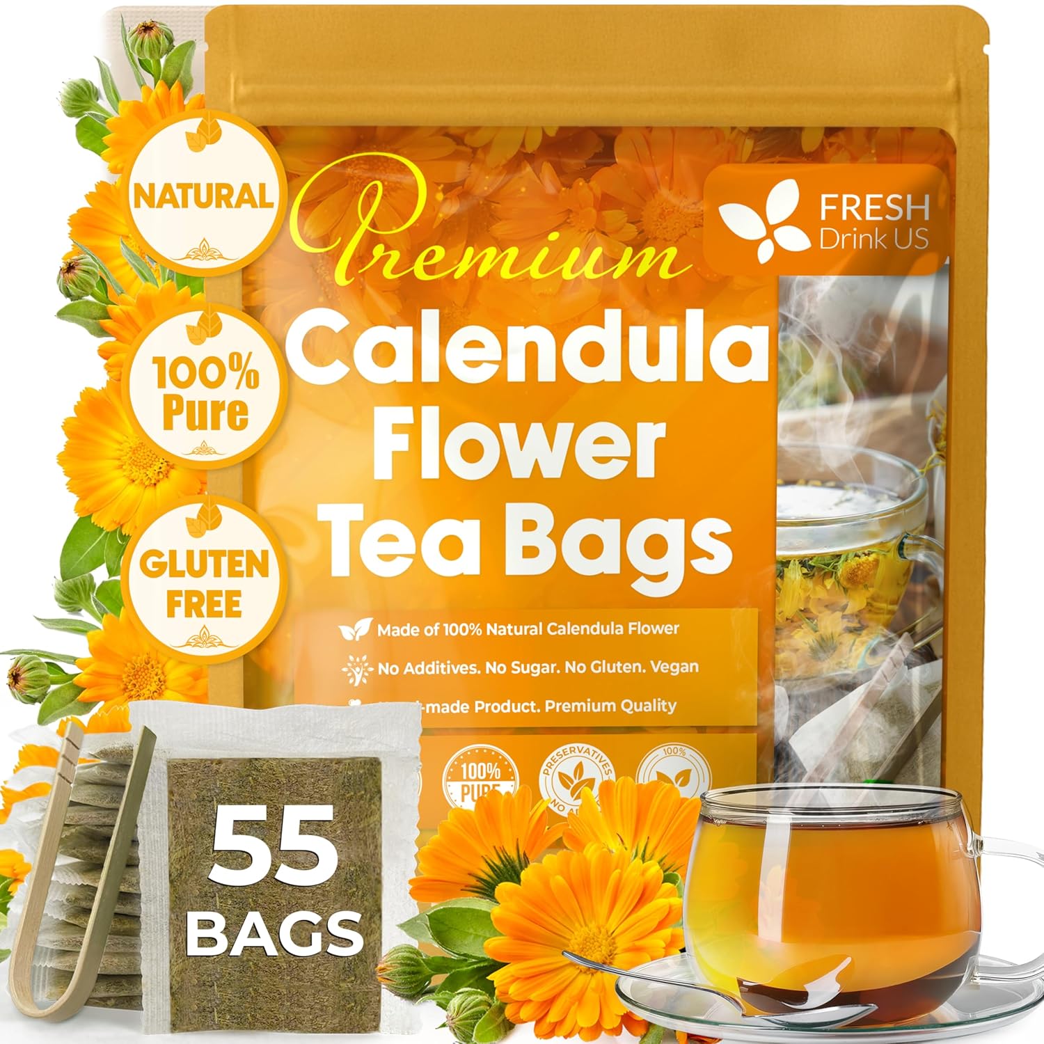 Calendula Tea Bags, 100% Natural and Pure Calendula Flowers, Eco-conscious Tea Bags. Calendula Flower Herbal Tea. No Sugar, No Caffeine, No Gluten, Vegan. | Tea | Wiccan Center