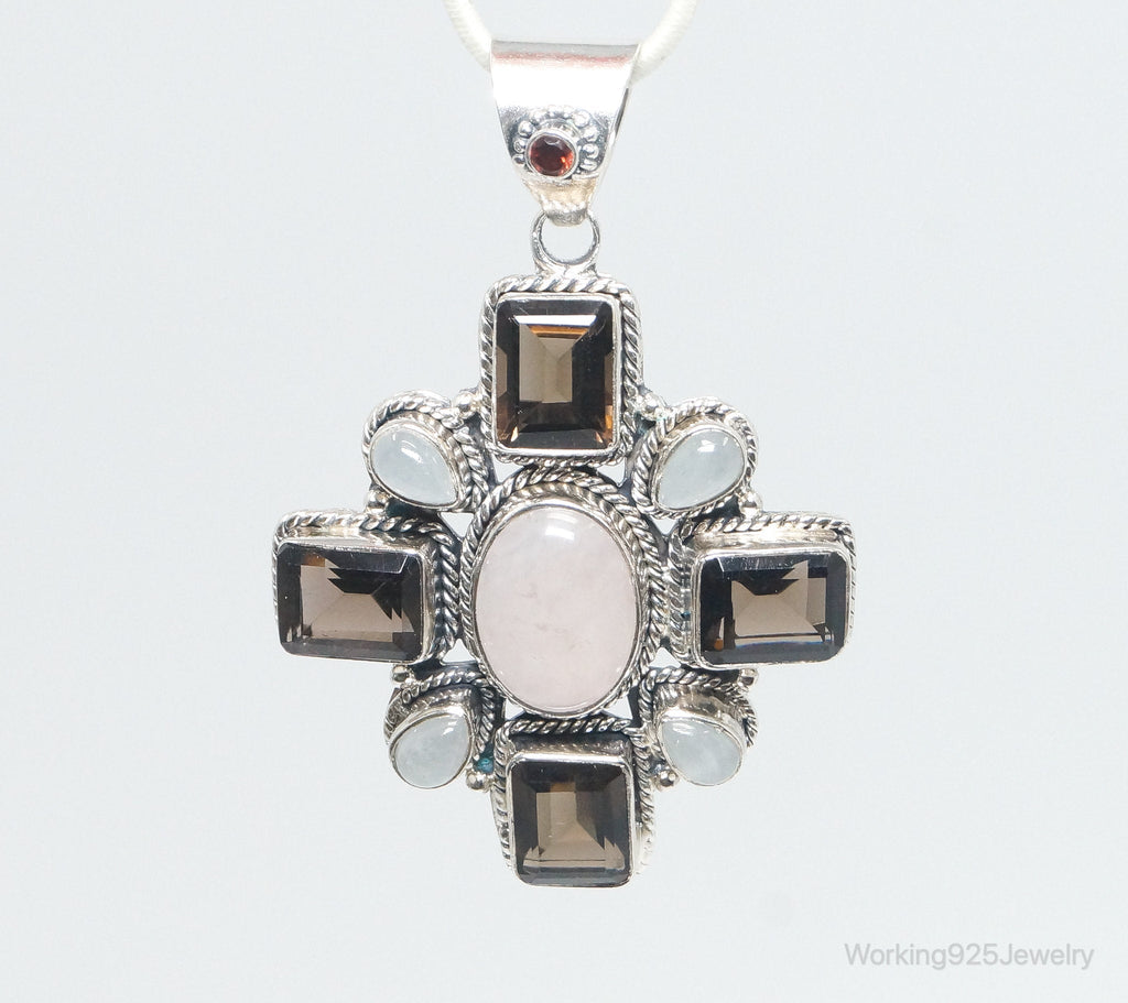 Vintage Smoky Topaz Rose Quartz Southwestern Cross Sterling Silver Pendant | Jewelry > Necklaces > Pendants | Wiccan Center