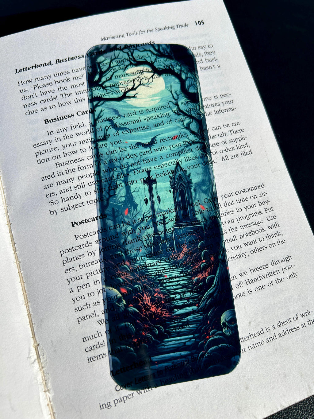 Moonlit Graveyard Bookmark – Gothic Tombstone Path with Bats & Skulls | Spooky Halloween Reader Gift | | Wiccan Center