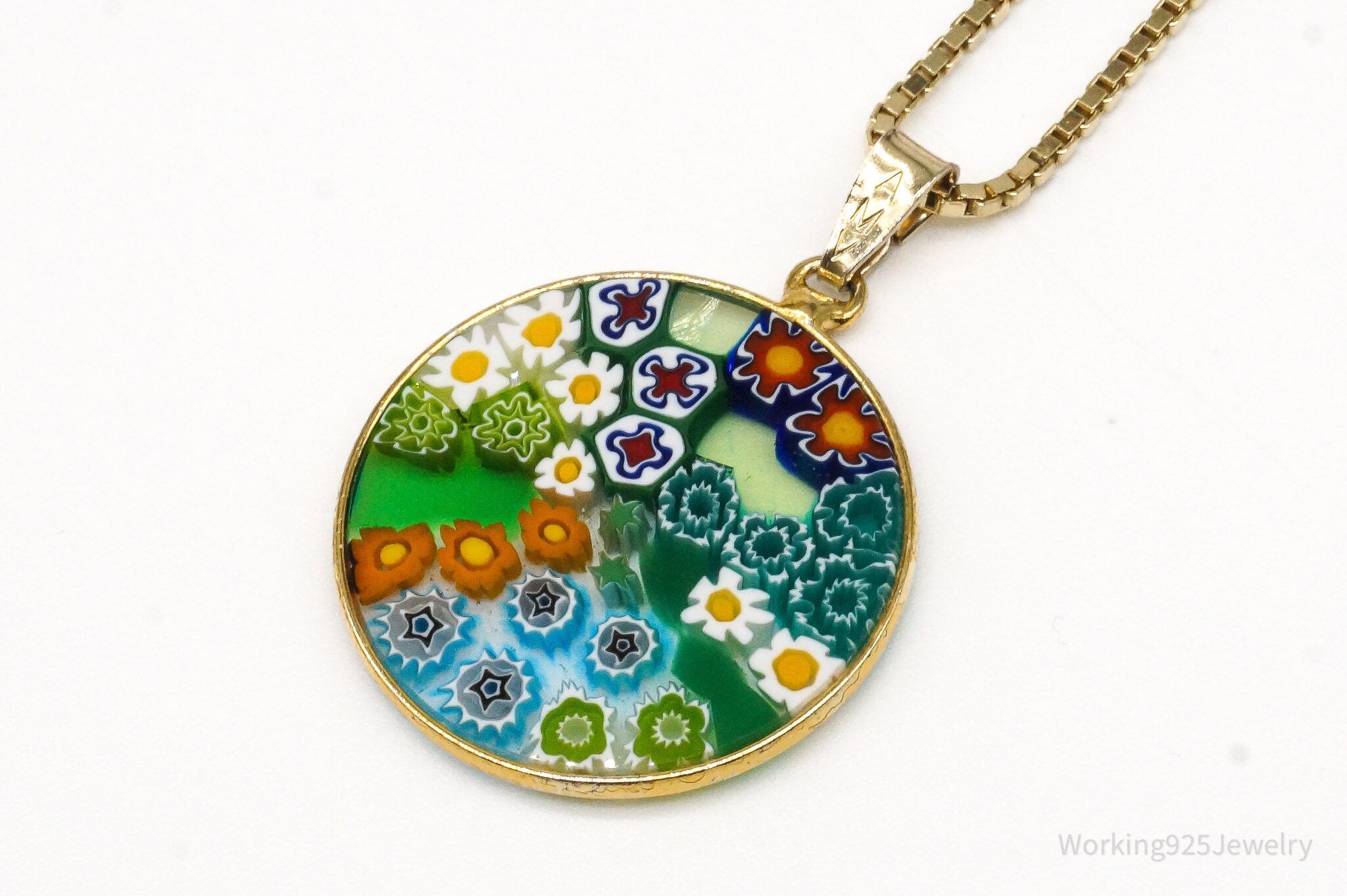 Vintage Glass Murano Millefiori Flowers Gold Vermeil Sterling Silver Necklace | Jewelry > Necklaces > Pendants | Wiccan Center