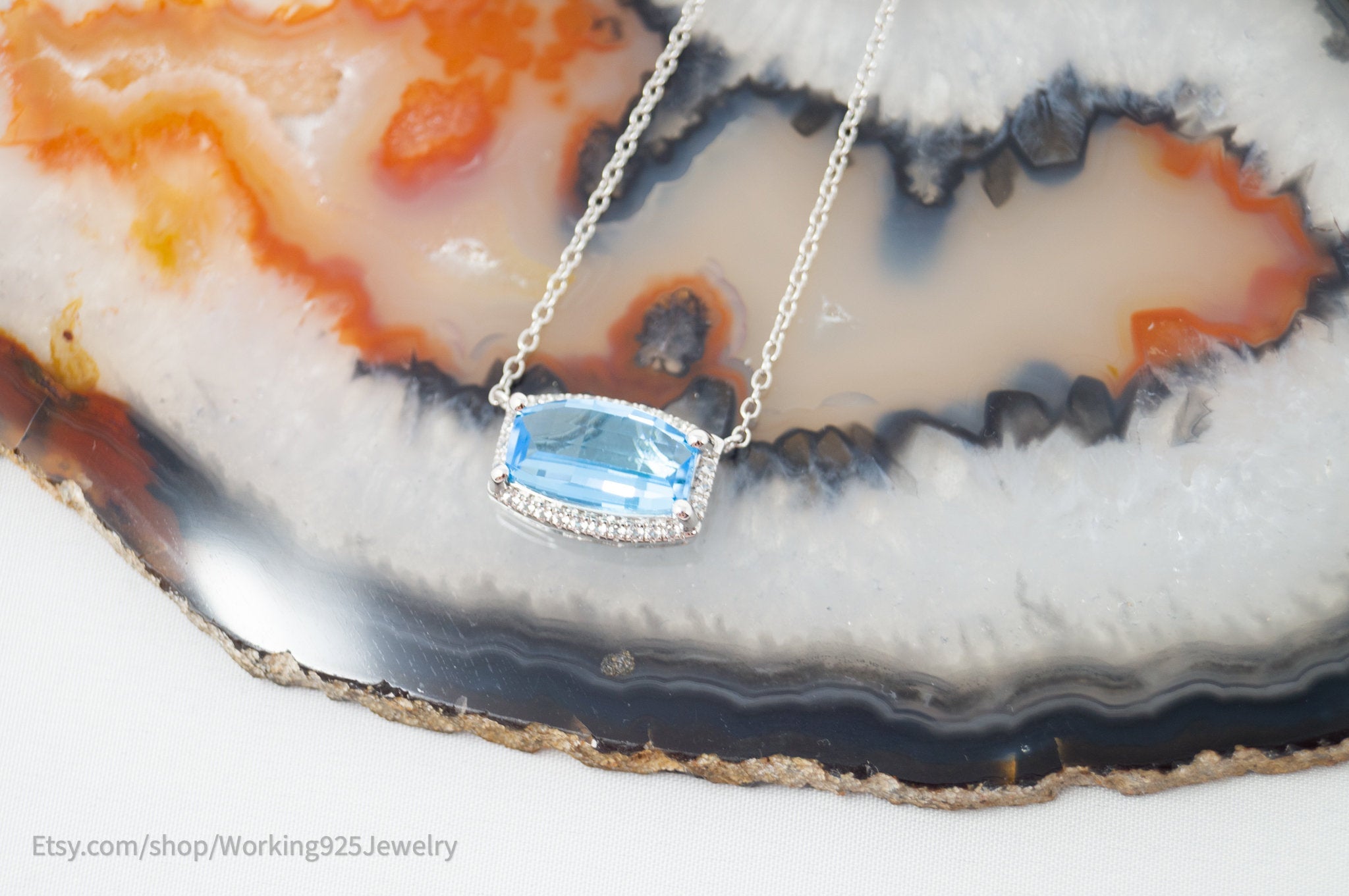 Vintage Art Deco Style Checkerboard Blue Topaz CZ Sterling Silver Necklace | Jewelry > Necklaces > Pendants | Wiccan Center