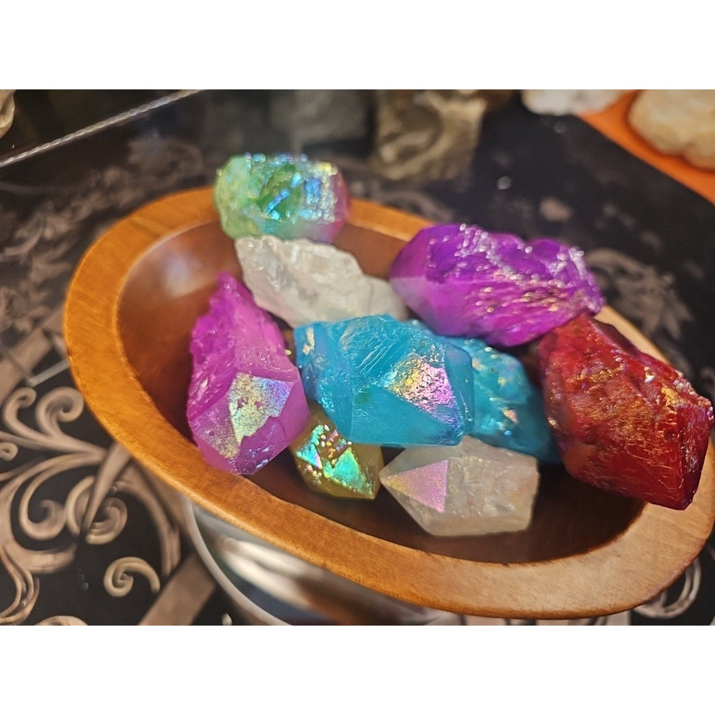 1.29lbsAura Aqua Rainbow Quartz W/wooden Bowl