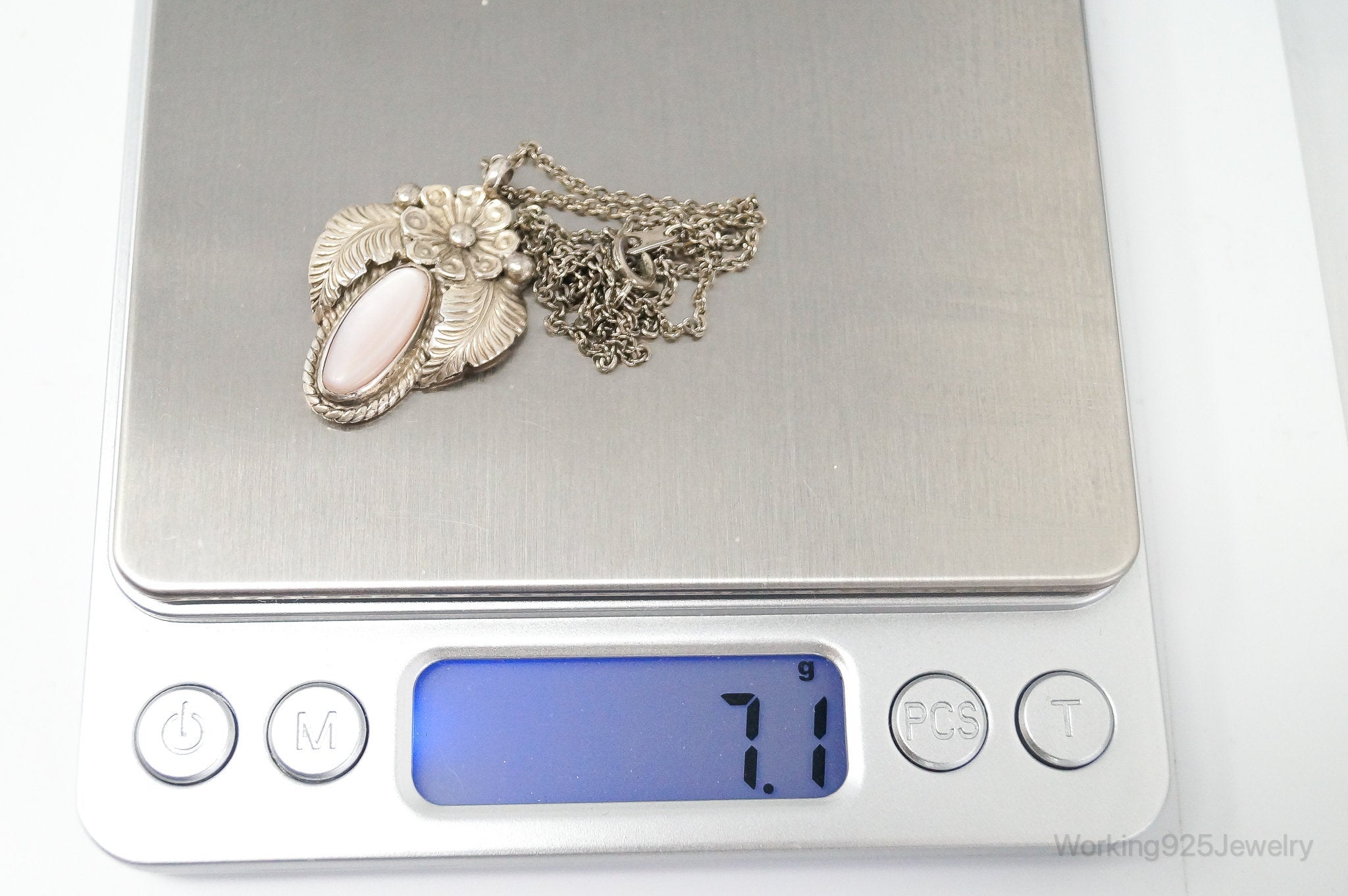 Vintage Native America F. Chee Pink Mother Of Pearl Sterling Silver Necklace | Jewelry > Necklaces > Pendants | Wiccan Center