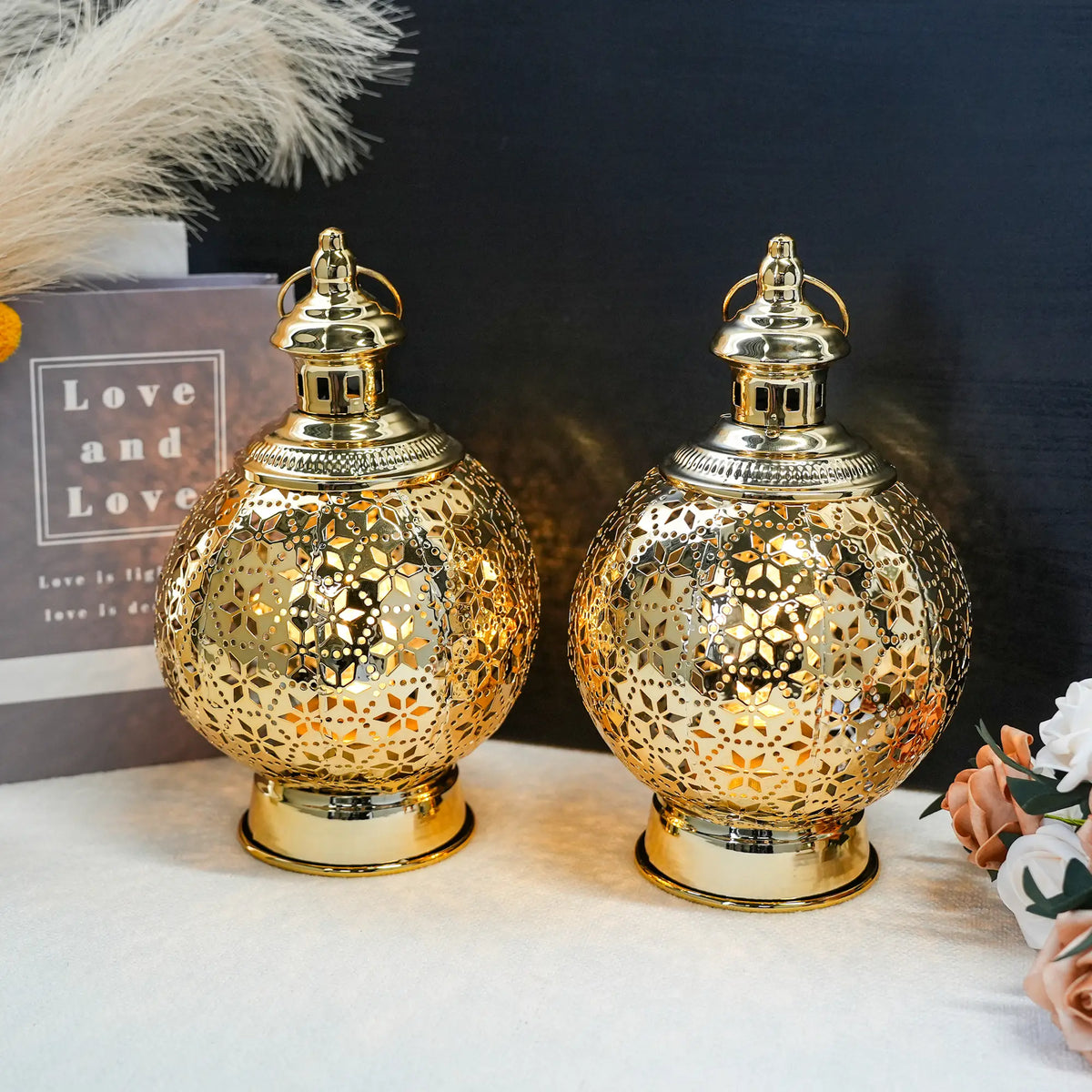 Metal Ramadan Lanterns 10" Gold Electric Candle Holders | Battery operated lamps | Wiccan Center