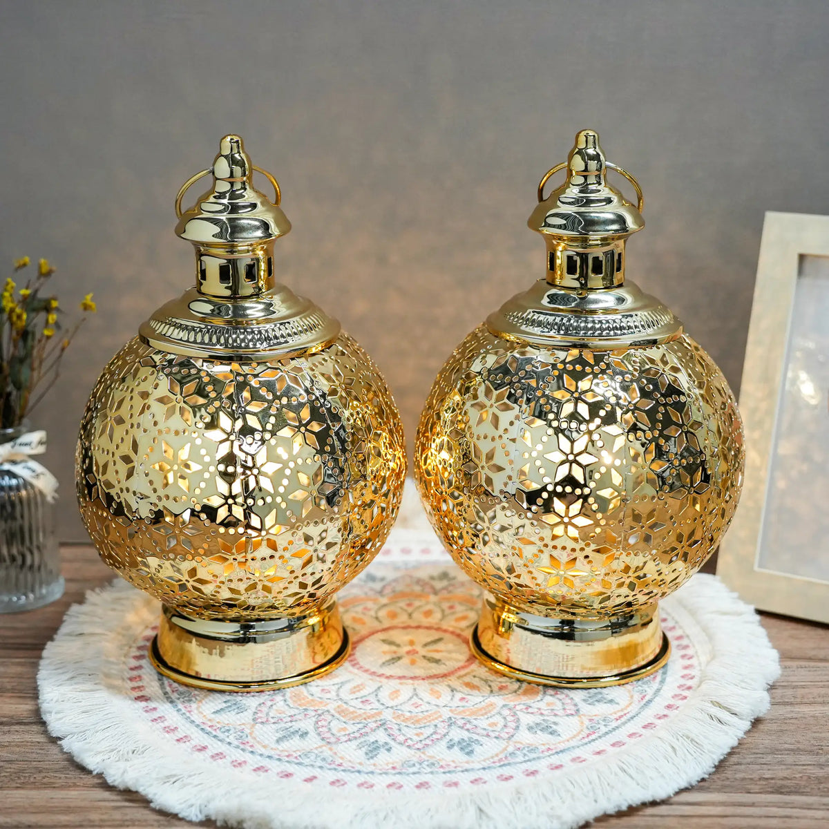Metal Ramadan Lanterns 10" Gold Electric Candle Holders | Battery operated lamps | Wiccan Center
