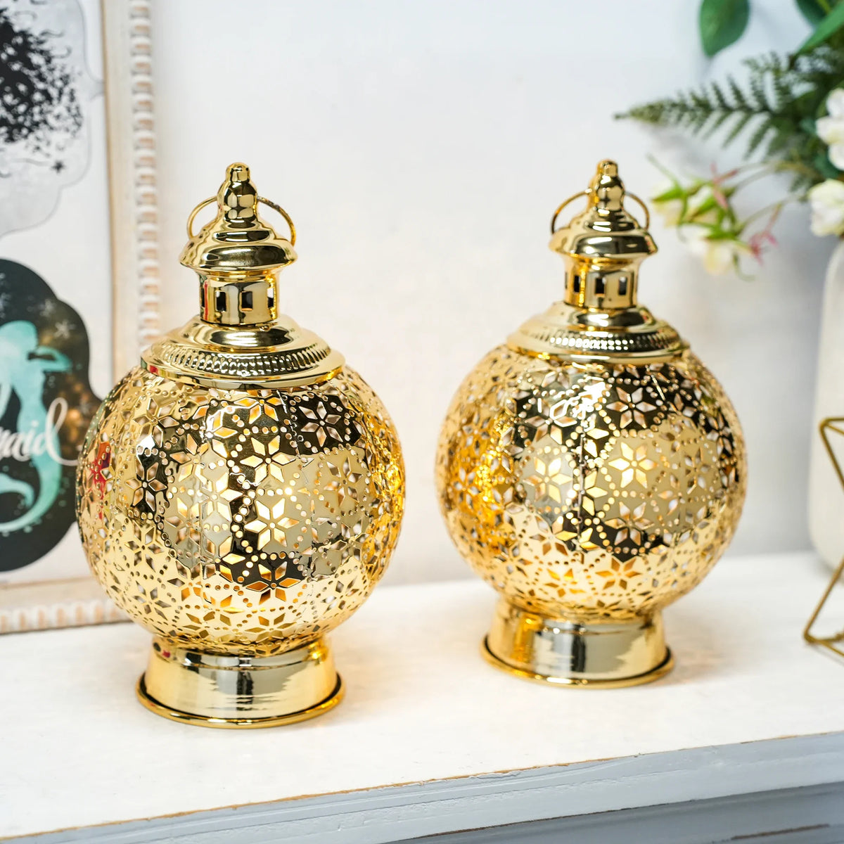 Metal Ramadan Lanterns 10" Gold Electric Candle Holders | Battery operated lamps | Wiccan Center