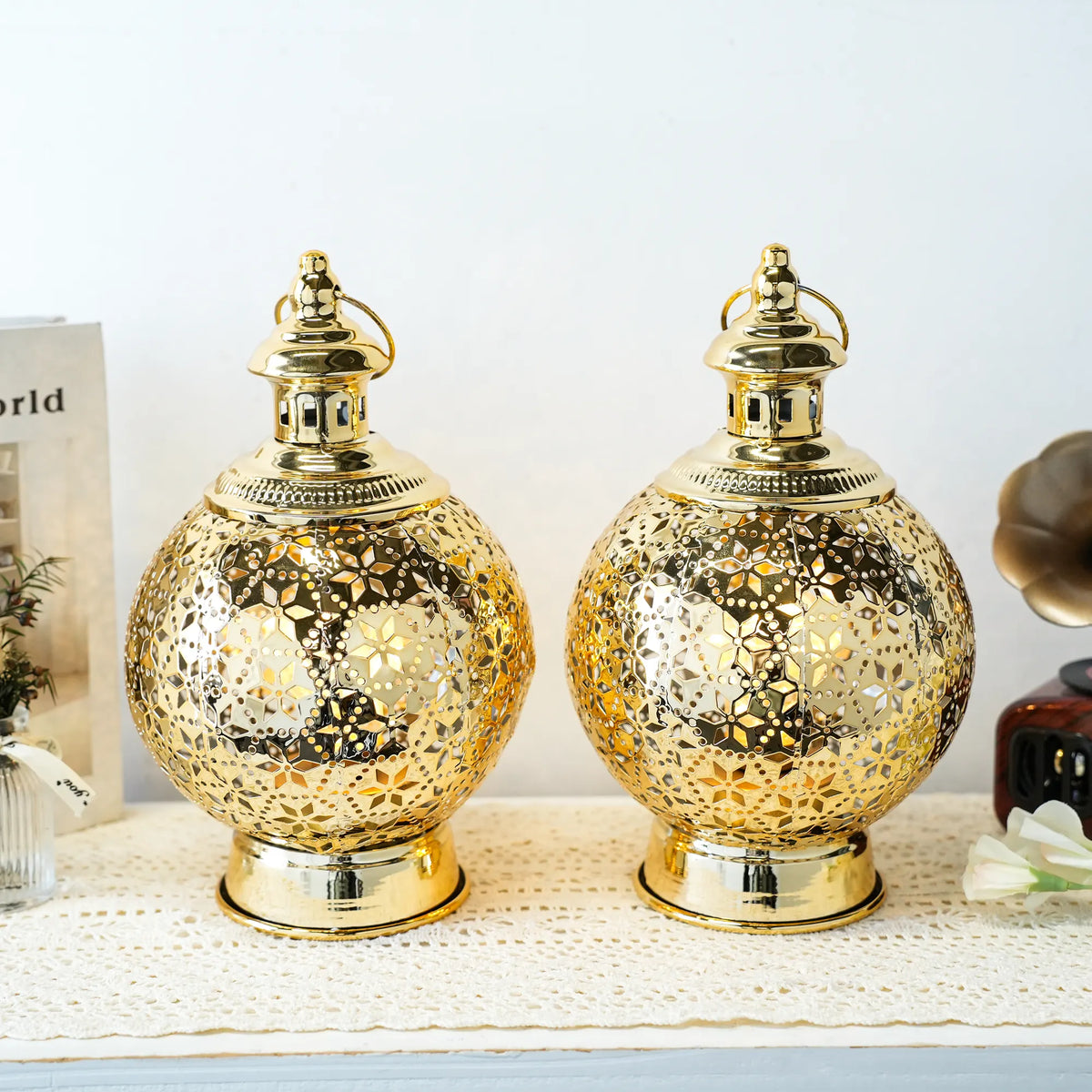 Metal Ramadan Lanterns 10" Gold Electric Candle Holders | Battery operated lamps | Wiccan Center