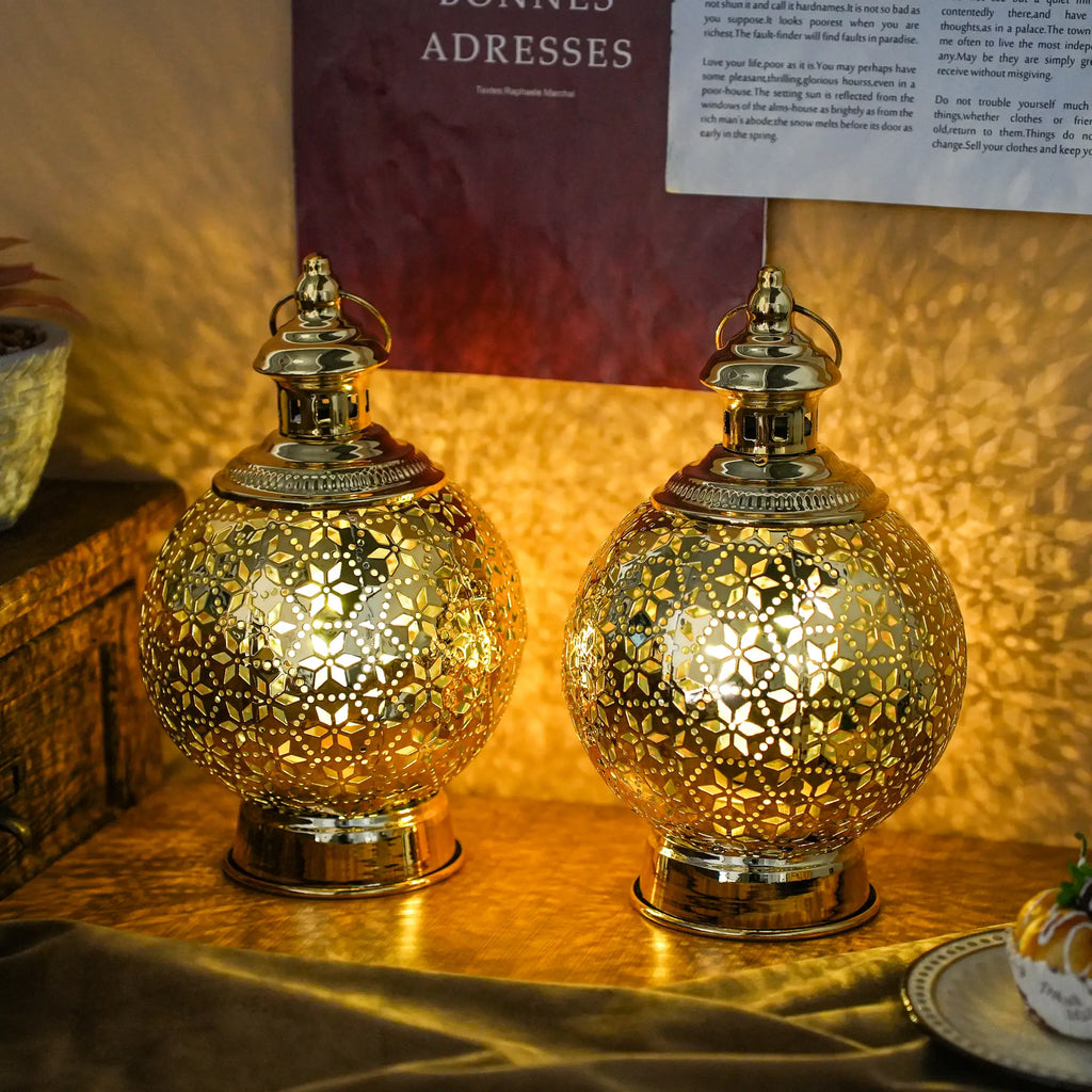 Metal Ramadan Lanterns 10" Gold Electric Candle Holders | Battery operated lamps | Wiccan Center