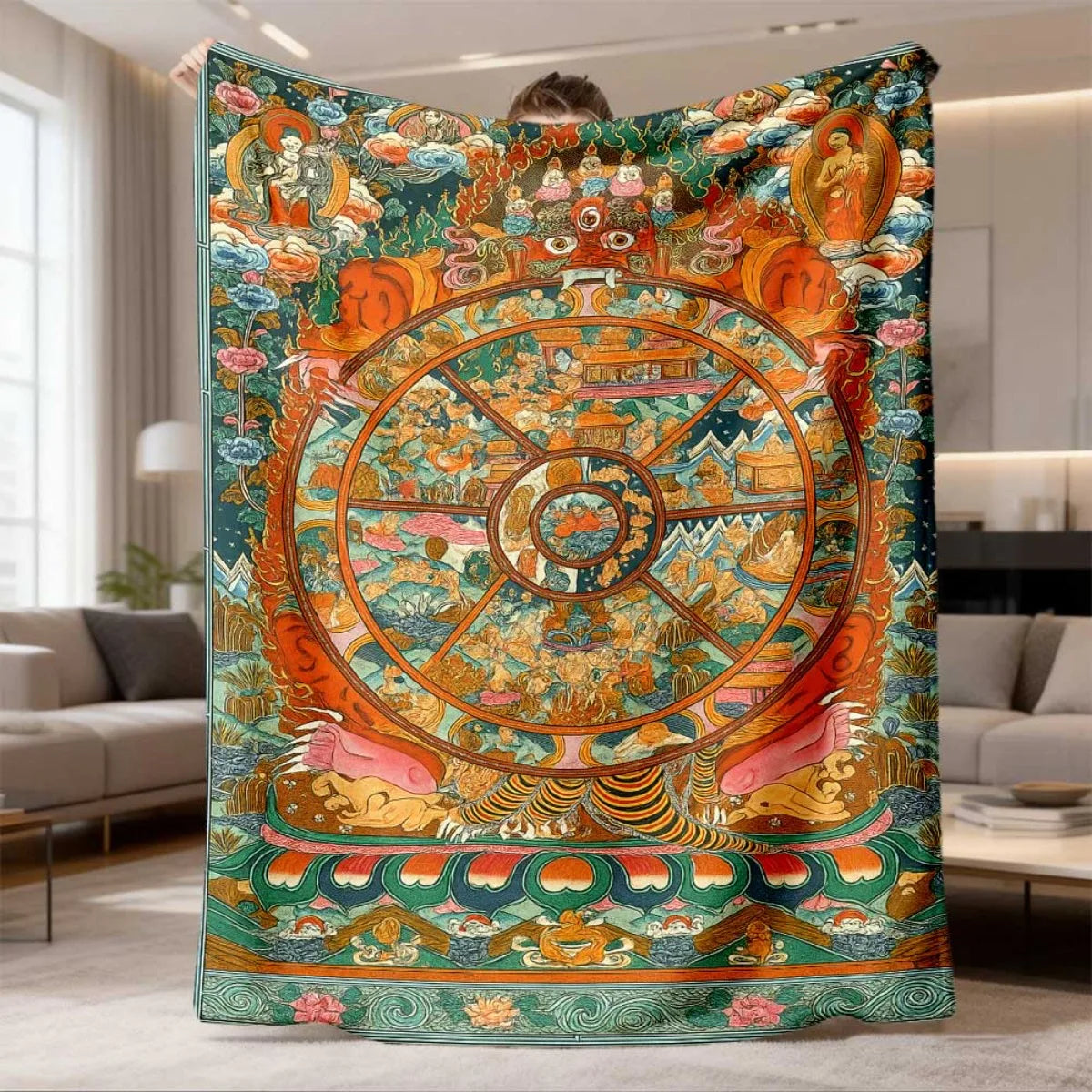 Tibetan Thangka Wheel of Life (Bhavachakra) Flannel Blanket – Sacred Buddhist Art Throw | Blankets | Wiccan Center