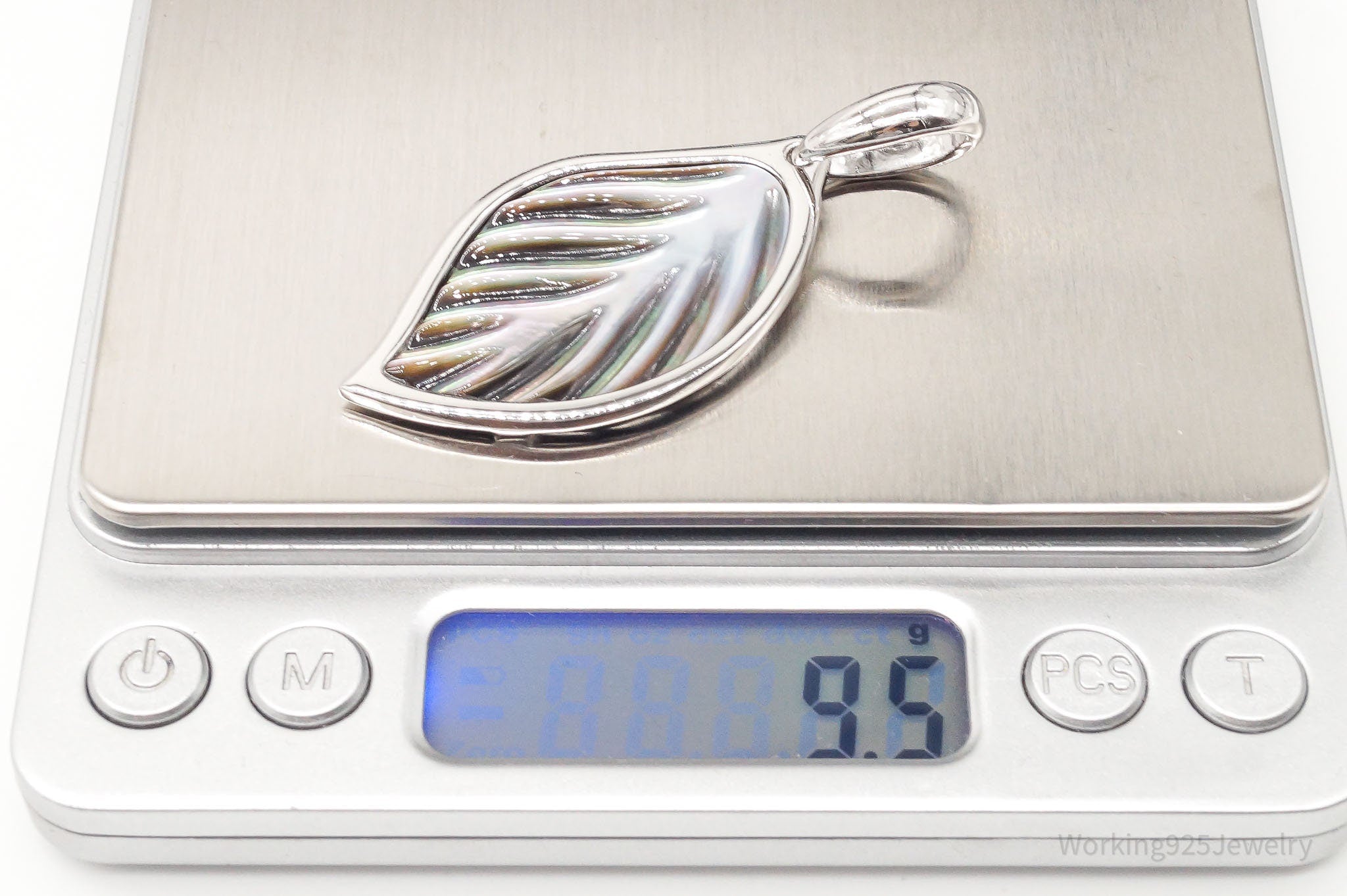 Large Vintage Carved Abalone Shell Sterling Silver Leaf Pendant | Jewelry > Necklaces > Pendants | Wiccan Center