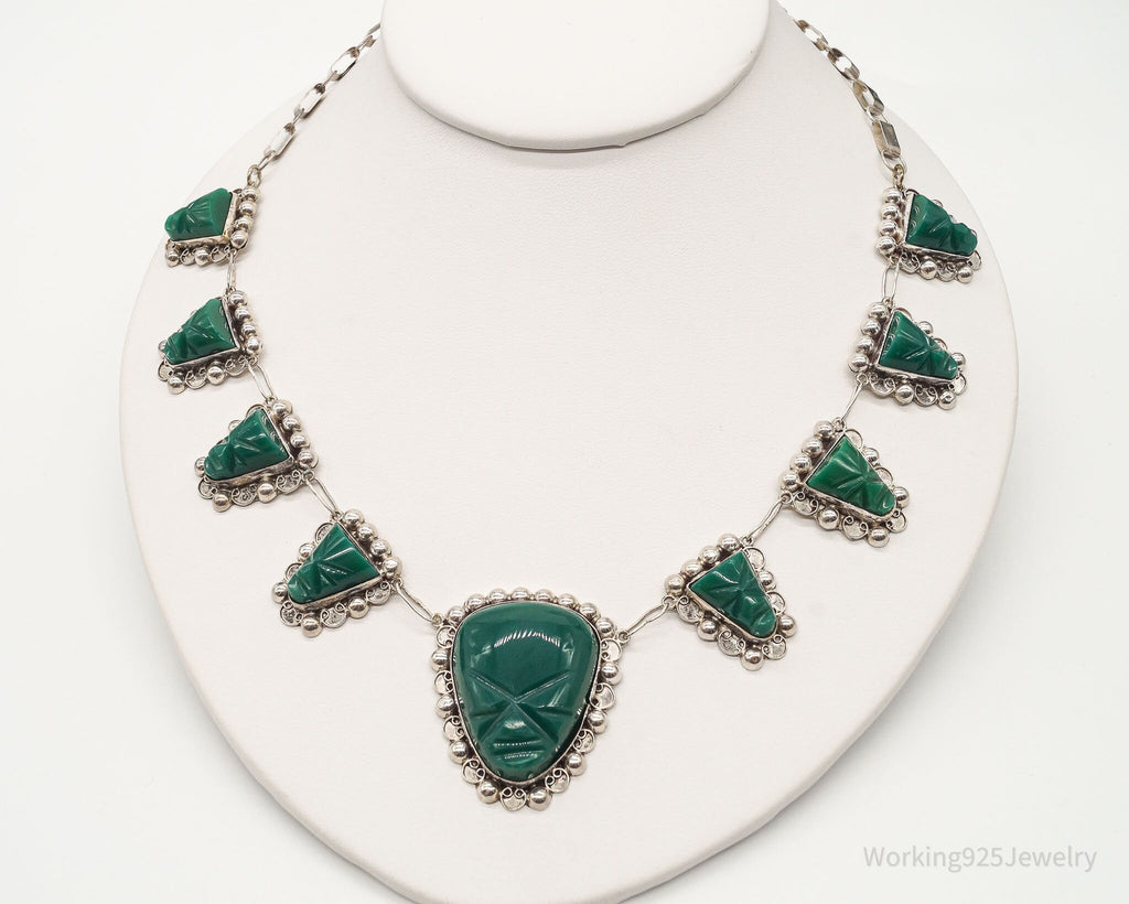 Vintage Mexico Green Onyx Carved Masks Sterling Silver Necklace | Jewelry > Necklaces > Pendants | Wiccan Center