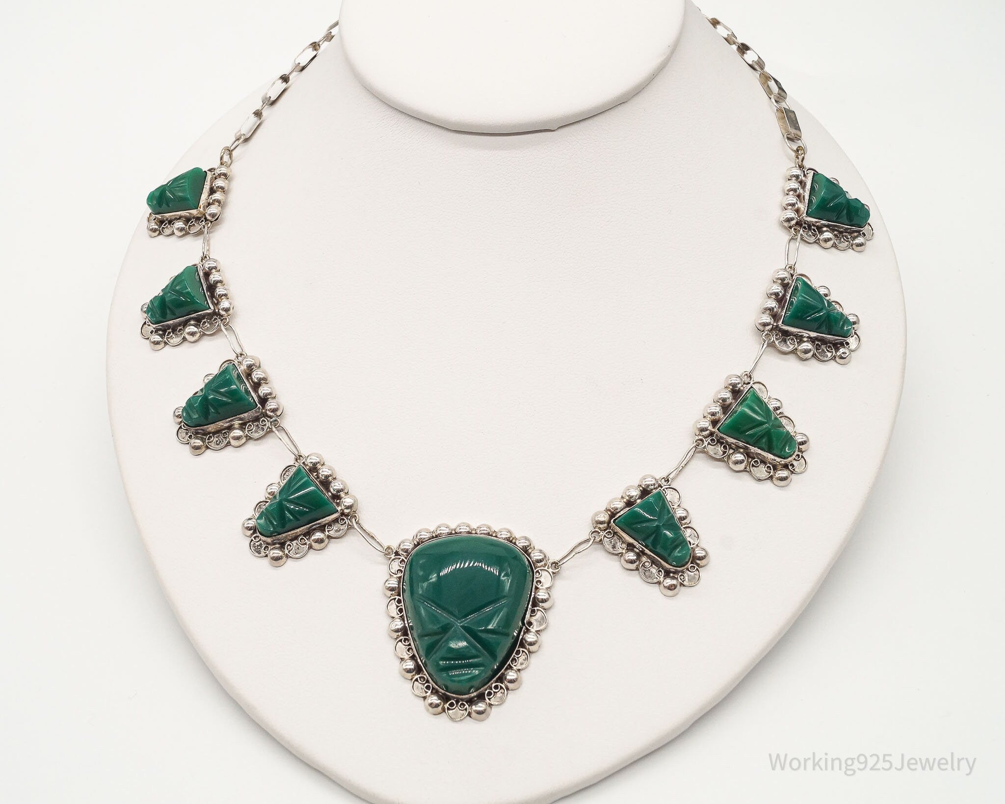 Vintage Mexico Green Onyx Carved Masks Sterling Silver Necklace | Jewelry > Necklaces > Pendants | Wiccan Center