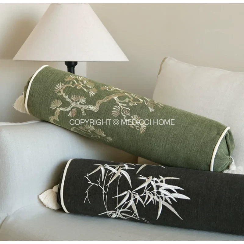 Luxury Bamboo Embroidery Cylindrical Bolster Cover (16×57cm) – Chinoiserie Neck Roll & Daybed Cushion Case | Pillowcases | Wiccan Center