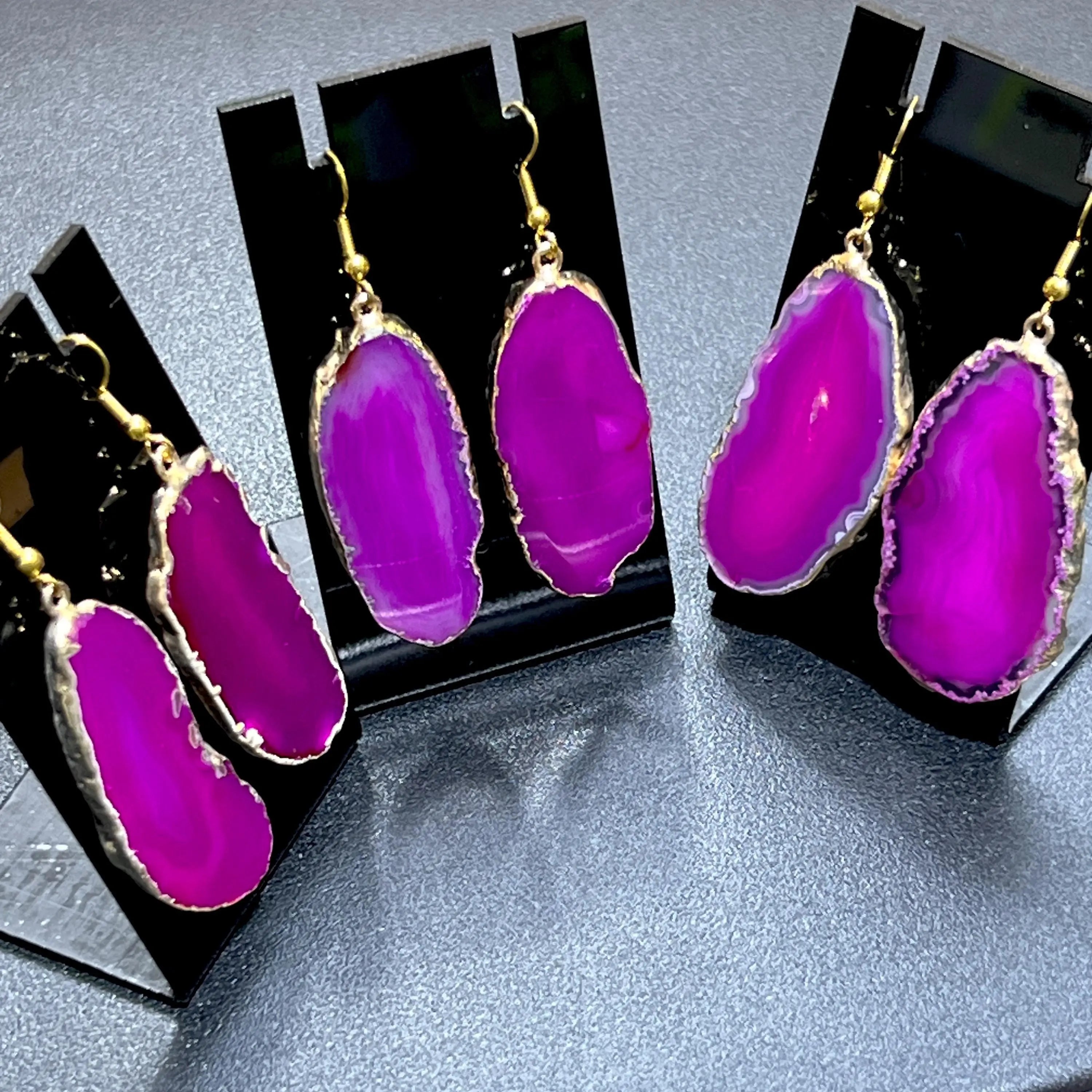 Pink Agate Slice Earrings Pair (Gold Plated Edges) Wholesale Gemstone Jewelry | Jewelry > Earrings > Dangle & Drop Earrings | Wiccan Center
