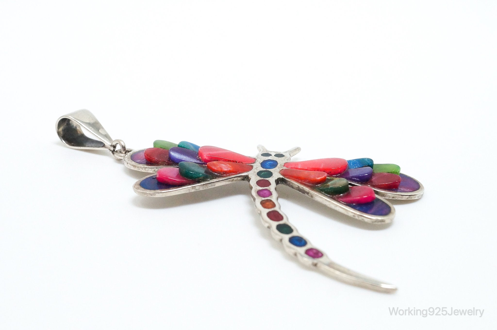 Large Vintage Handmade Multi Color Gem Inlay Dragonfly 950 Silver Pendant | Jewelry > Necklaces > Pendants | Wiccan Center