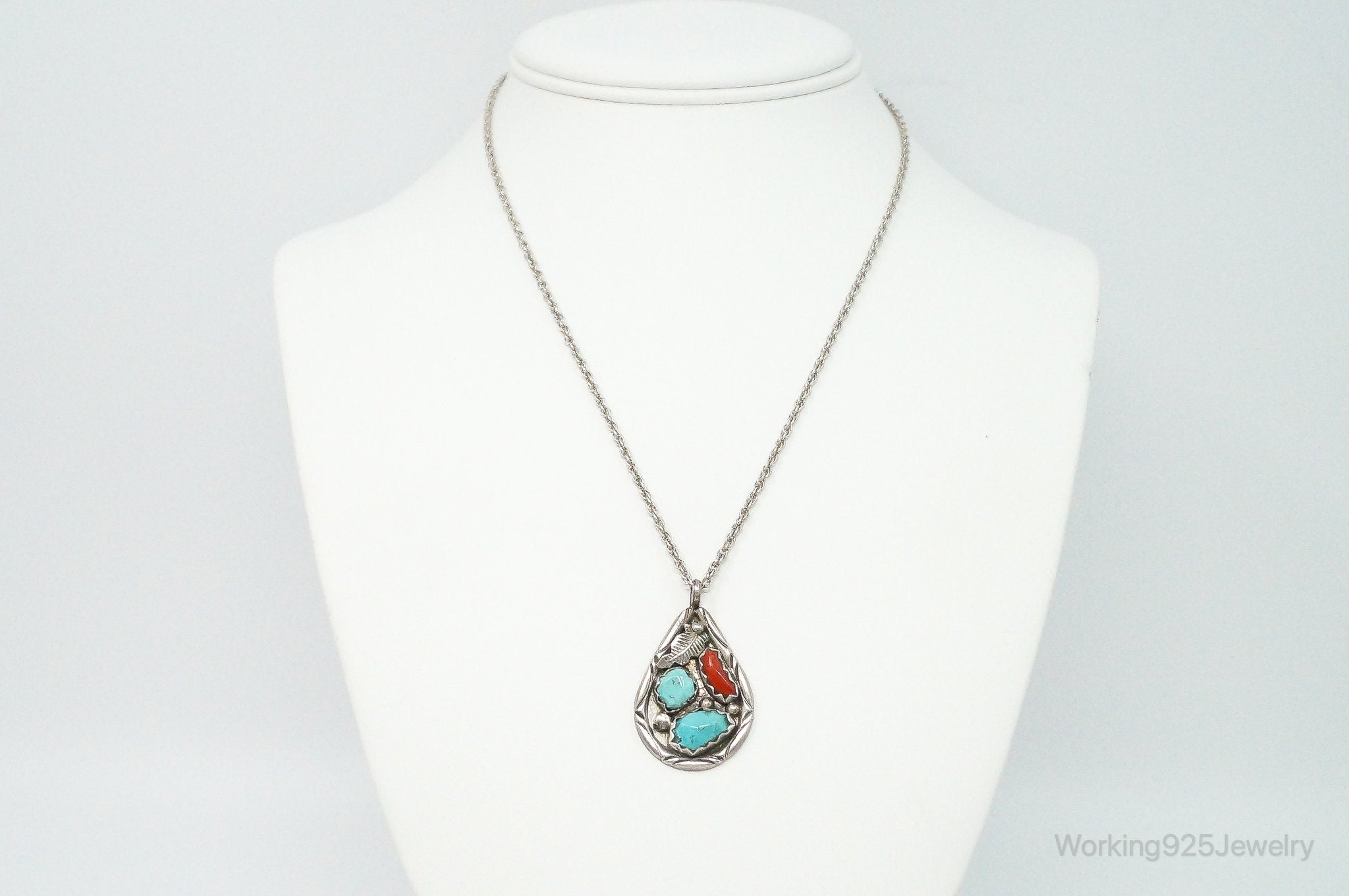 VTG Native American Afonso Penketewa Turquoise Coral Sterling Silver Necklace | Jewelry > Necklaces > Pendants | Wiccan Center