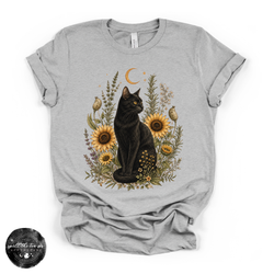 Sunflower Cat Tee | Floral Black Cat Graphic T-Shirt | | Wiccan Center