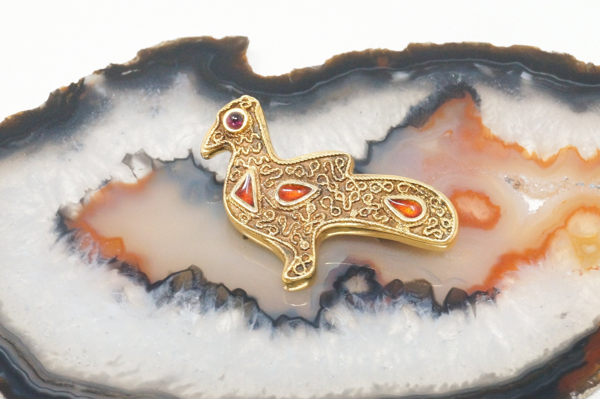 Vitg Designer MMA WAG Gold Wash Bird Enamel Amethyst Sterling Silver Brooch Pin | Jewelry > Necklaces > Pendants | Wiccan Center