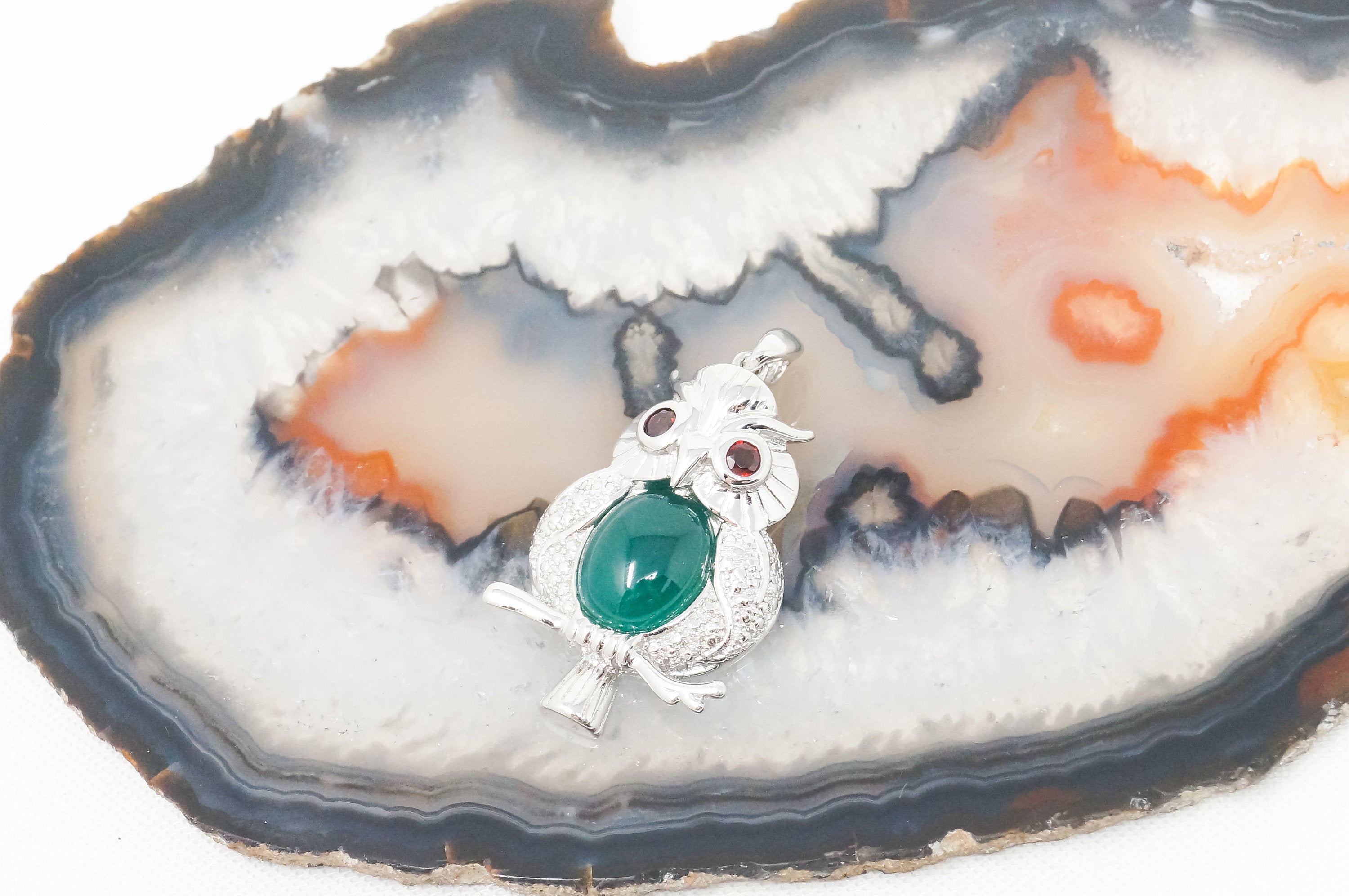 Vintage Green Chalcedony Garnet Wise Owl Sterling Silver Pendant Necklace | Jewelry > Necklaces > Pendants | Wiccan Center