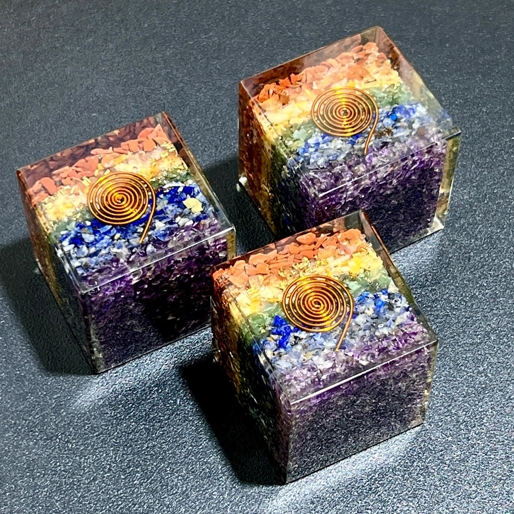 Large 7-Stone Crystal Resin Orgone Cube Reiki Chakra Carving | Home & Living > Home Decor > Home Accents > Rocks & Geodes | Wiccan Center