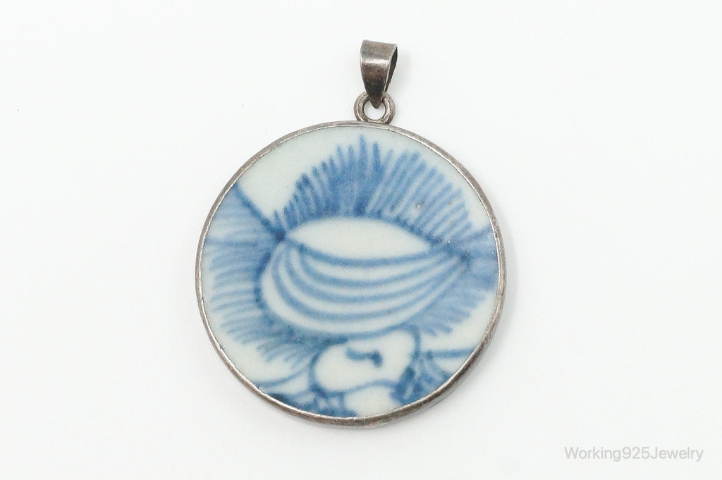 Vintage White Blue Ming Porcelain Sterling Silver Pendant | Jewelry > Necklaces > Pendants | Wiccan Center
